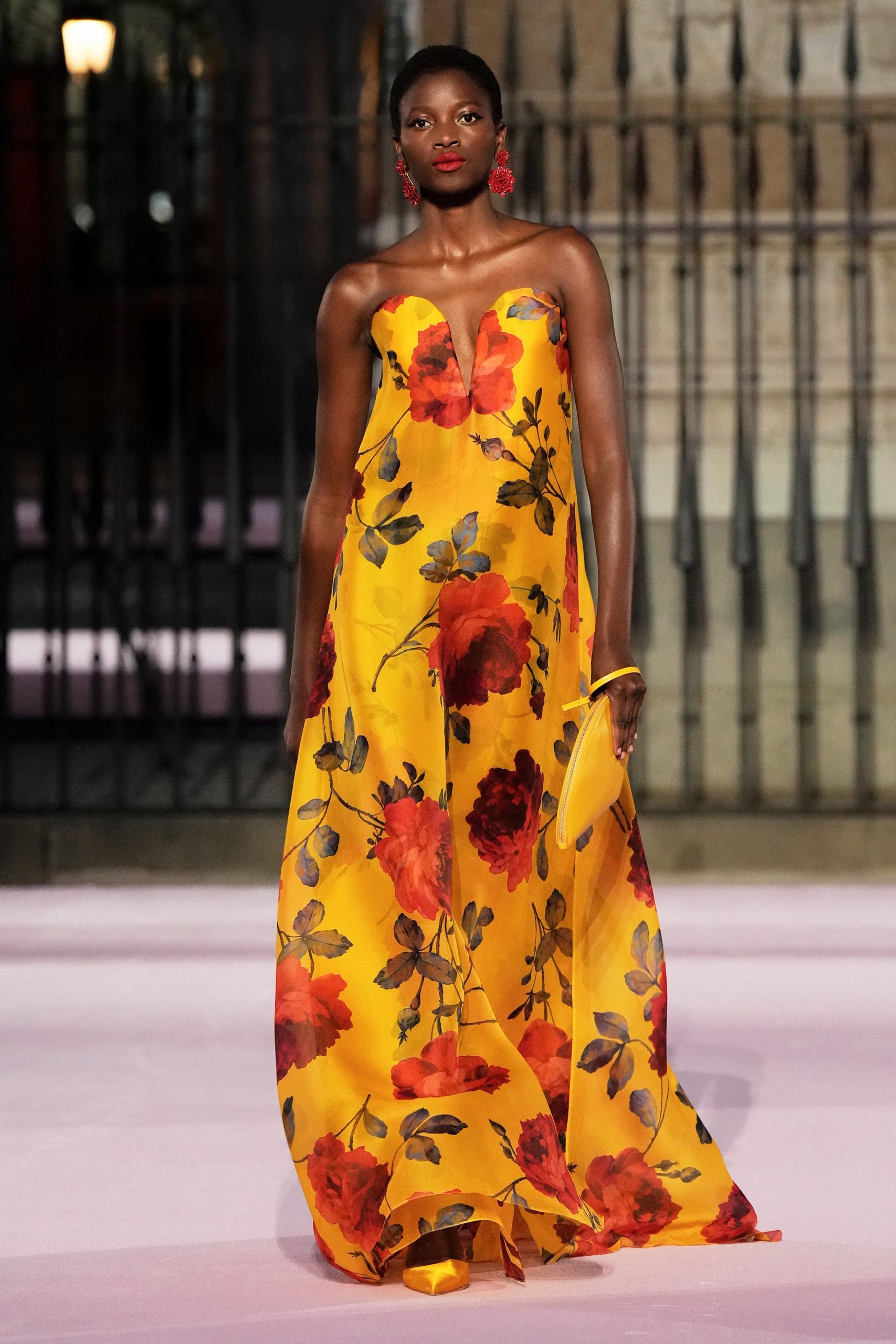 yellow floral strapless gown