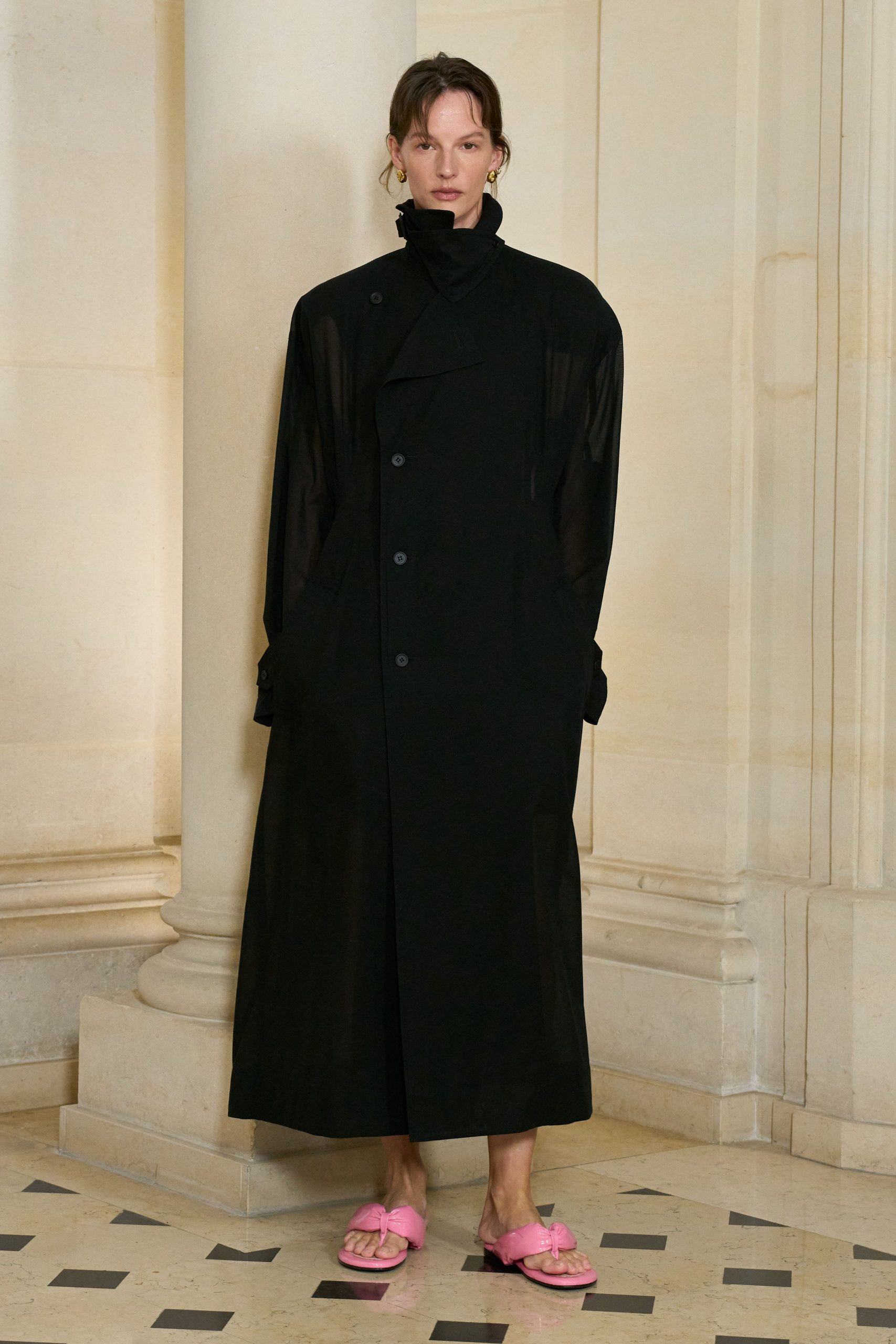 black cotton long-sleeve collared relaxed buttoned maxi coat