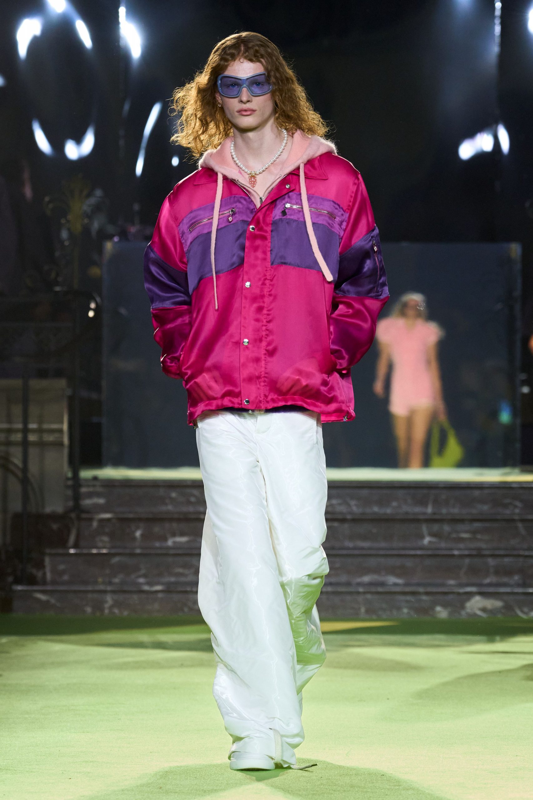 pink silk long-sleeve collared relaxed color-blocked jacket