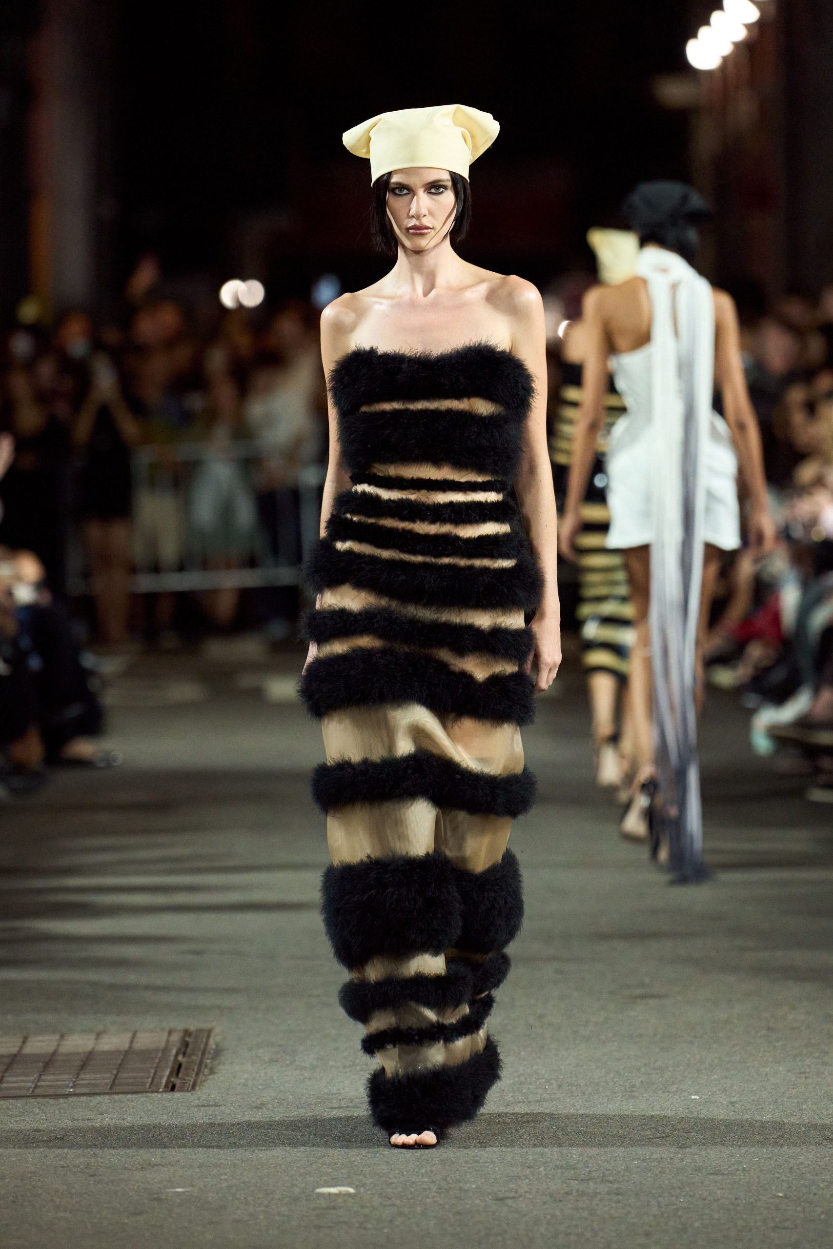 black fur sleeveless fitted striped maxi dress