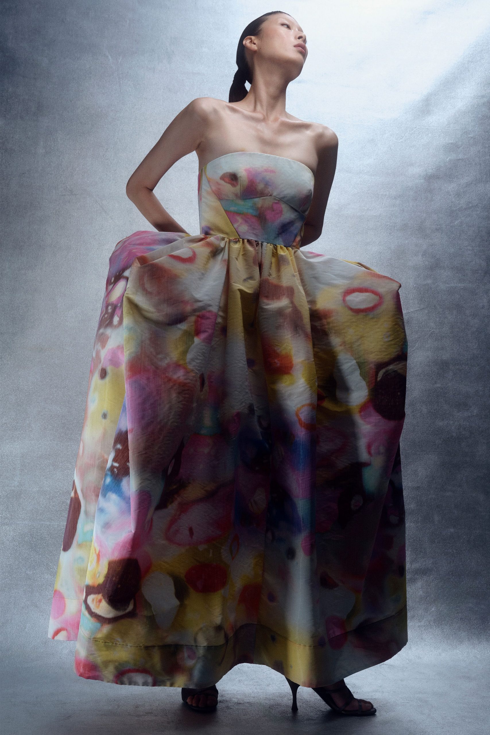 multi silk strapless fitted layered flowing maxi gown