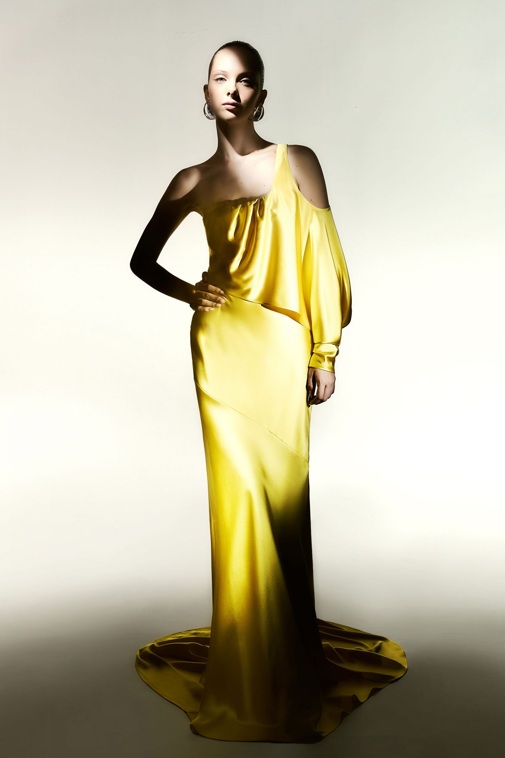 yellow silk off-shoulder gown