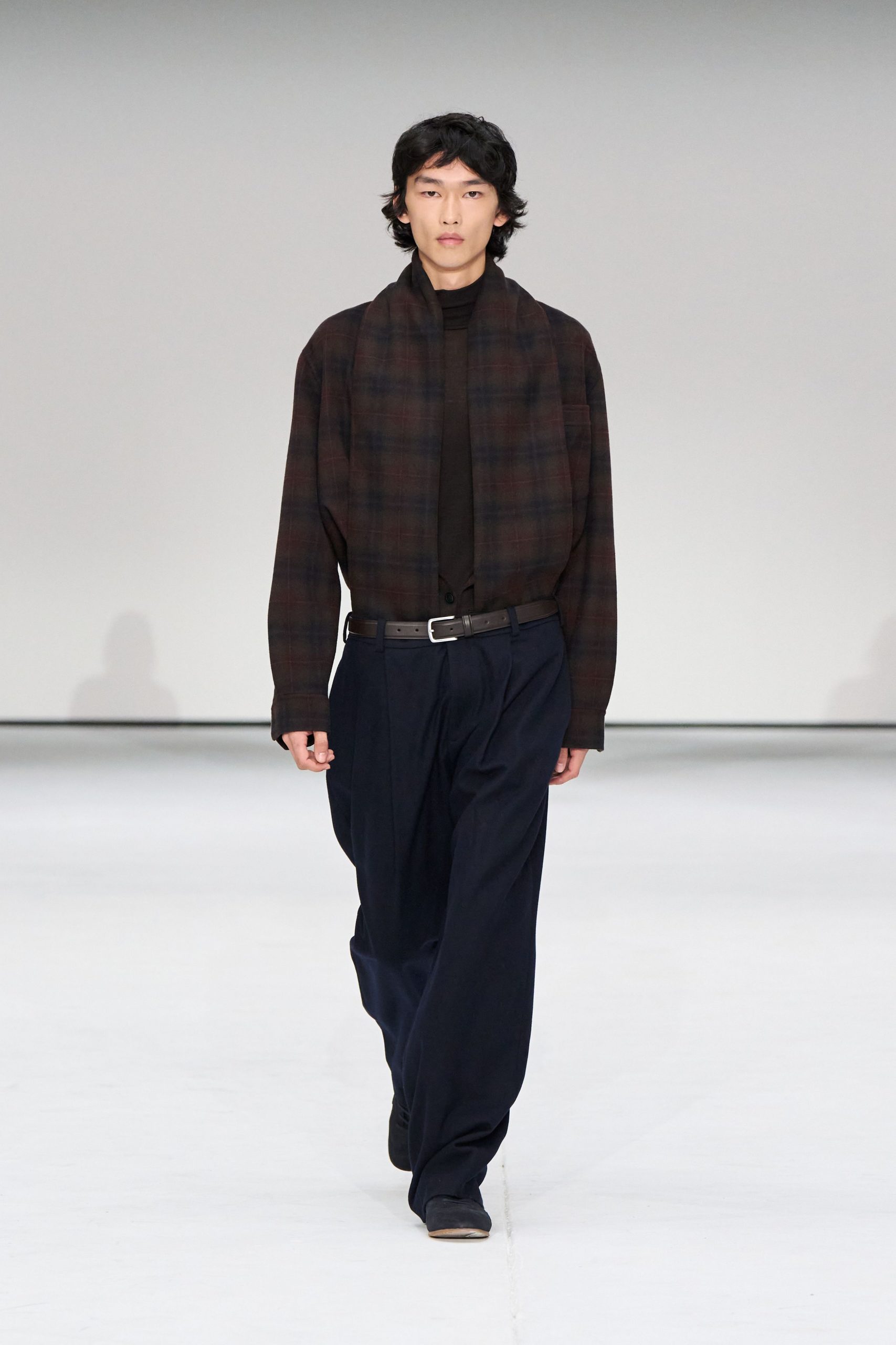 relaxed brown checked shirt and navy pants