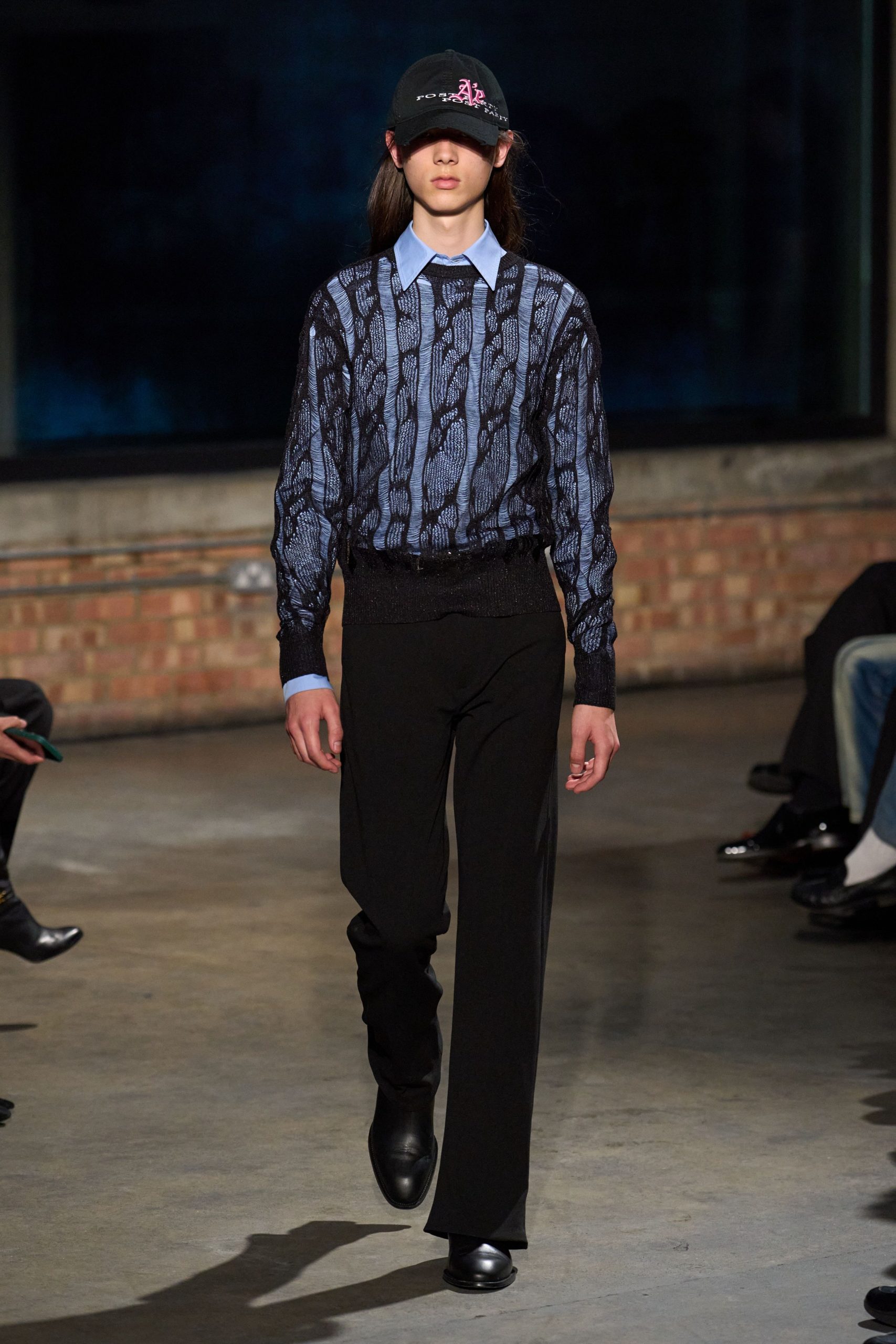 blue printed shirt black pants