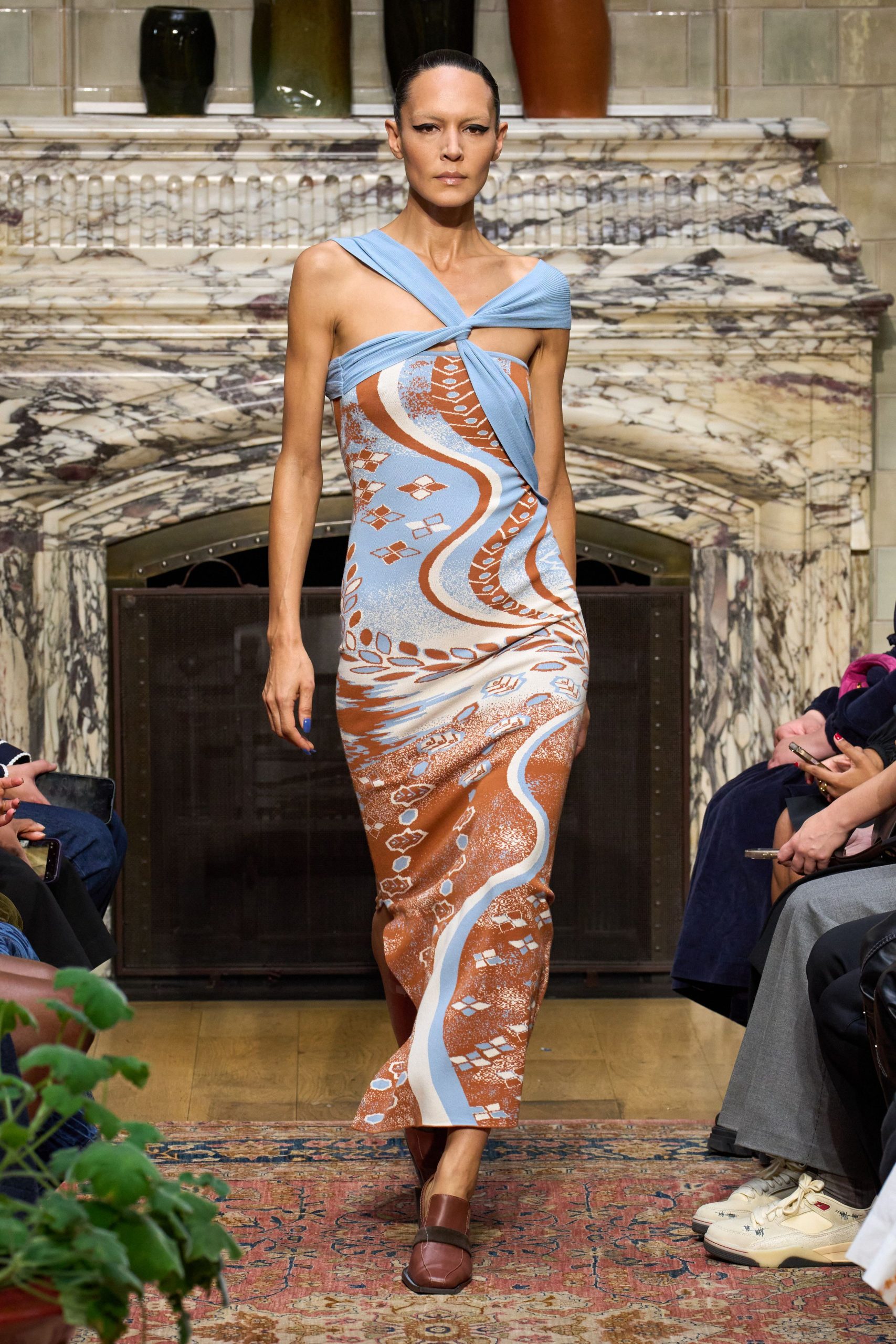 blue silk sleeveless off-shoulder fitted printed midi dress