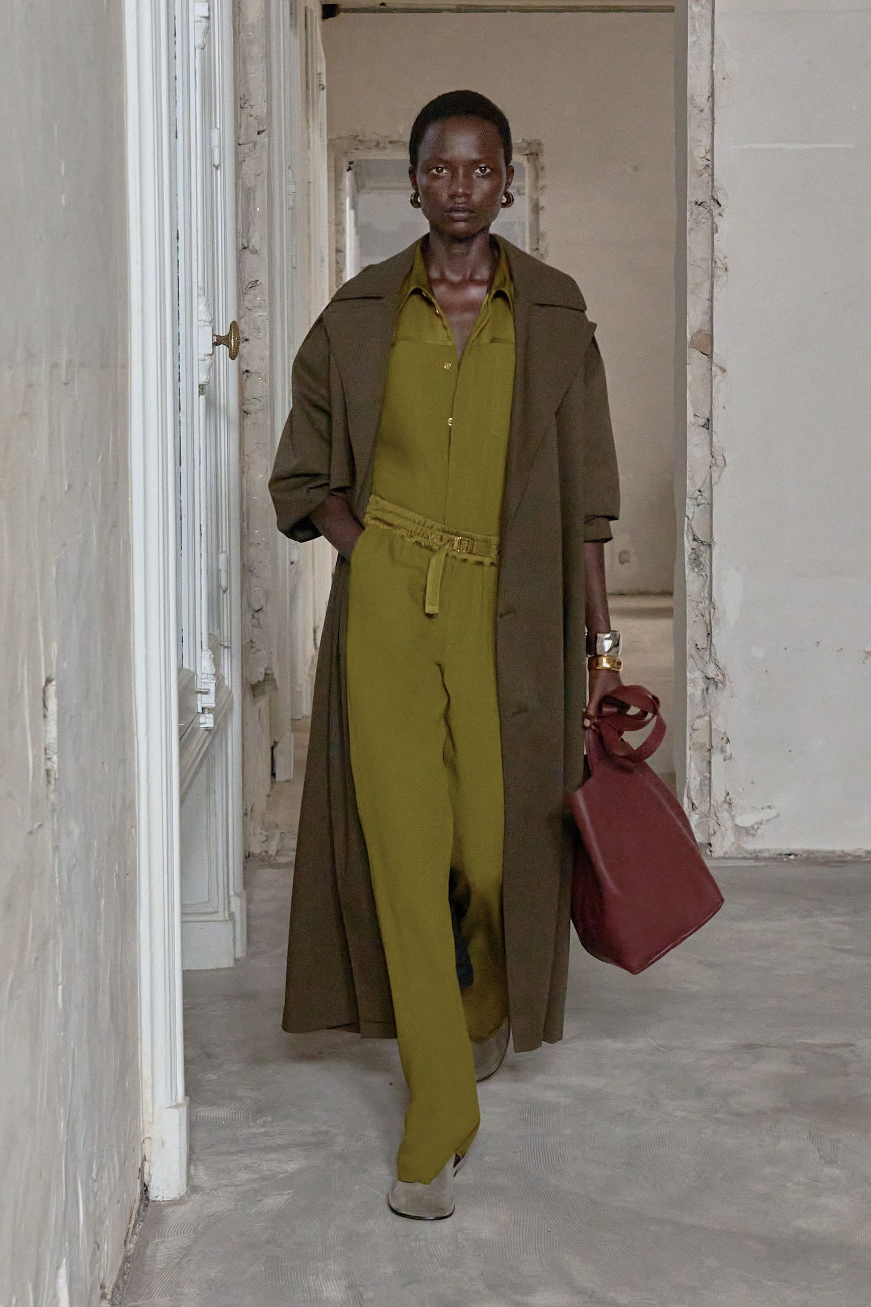 brown wool long-sleeve collared relaxed belted maxi coat