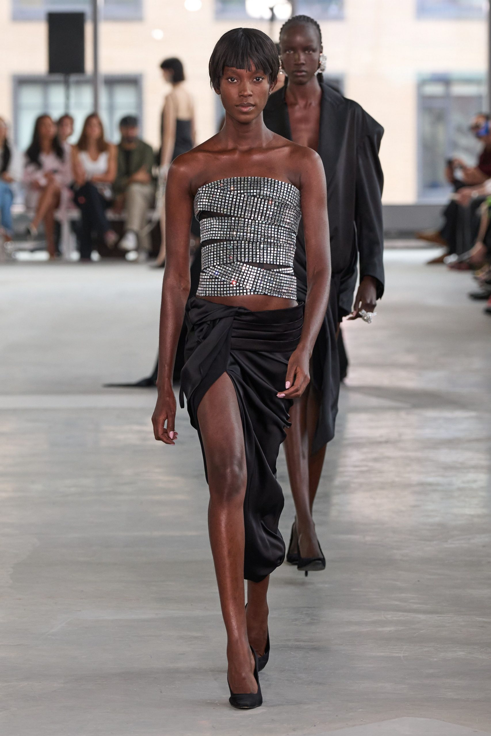 black silk strapless top and skirt