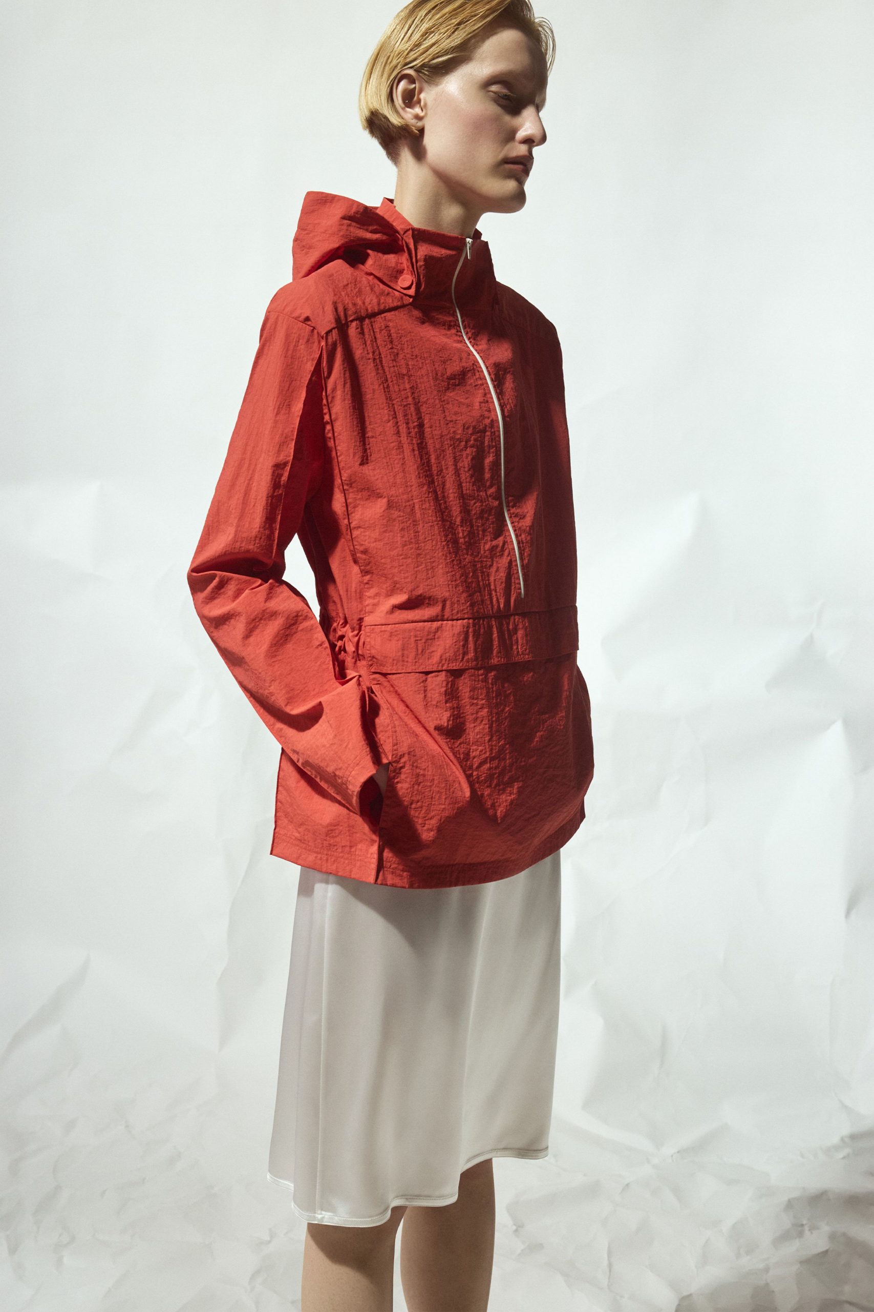 red relaxed jacket and white midi dress