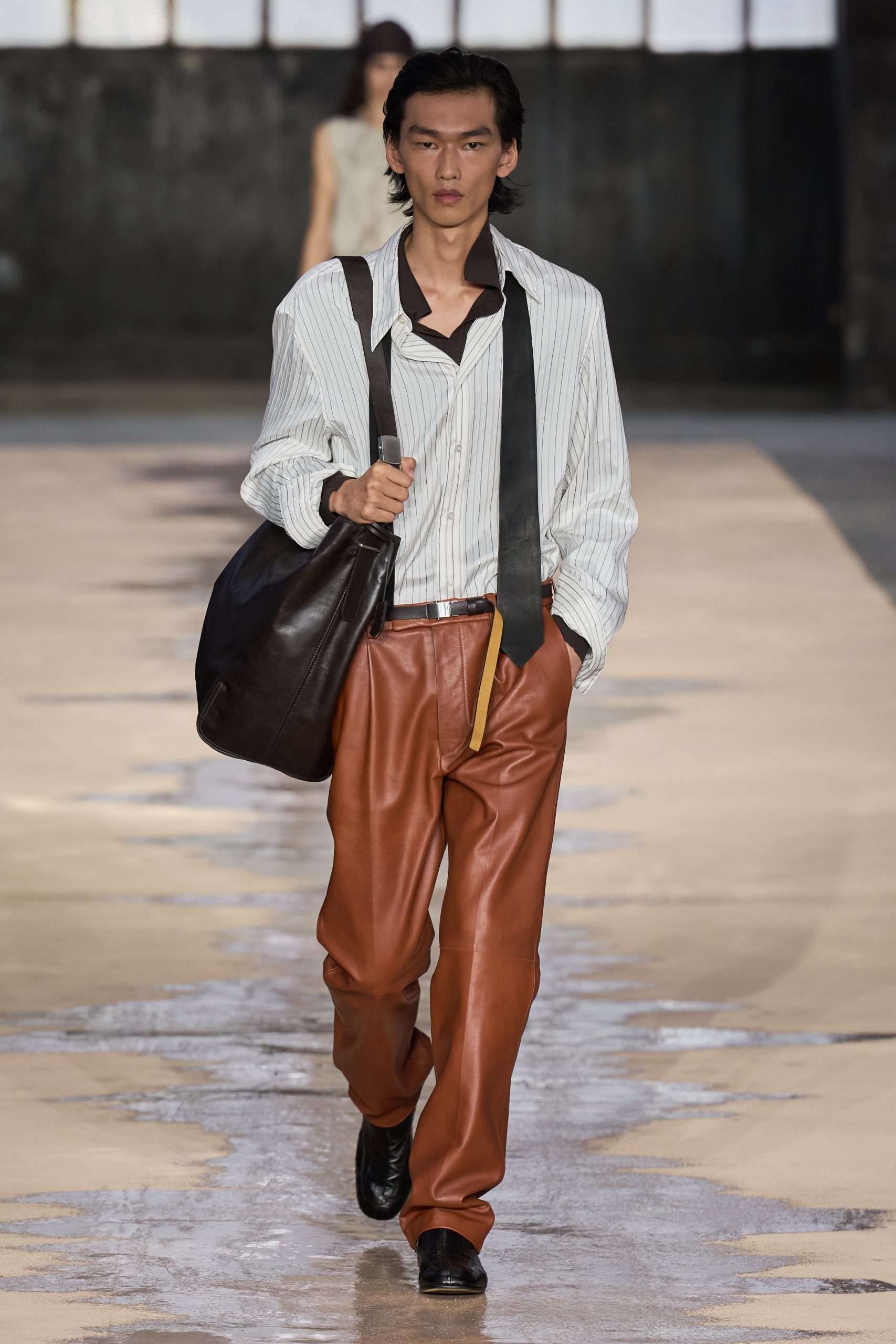 relaxed striped shirt with leather pants