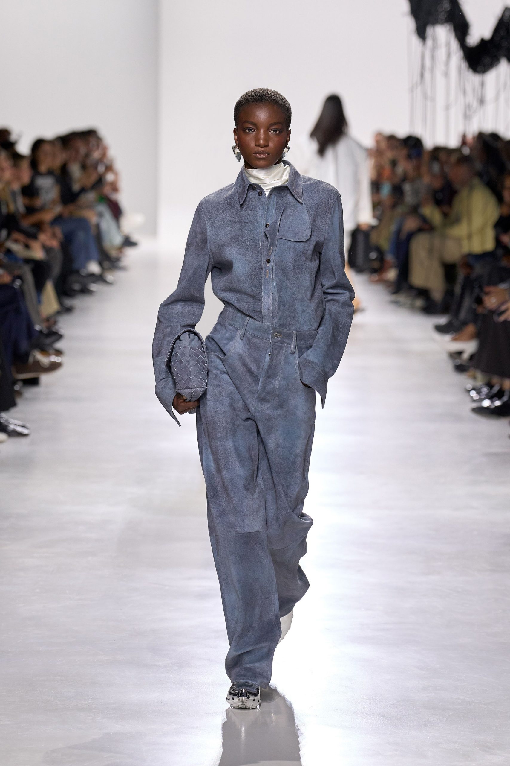 blue suede jumpsuit with bag