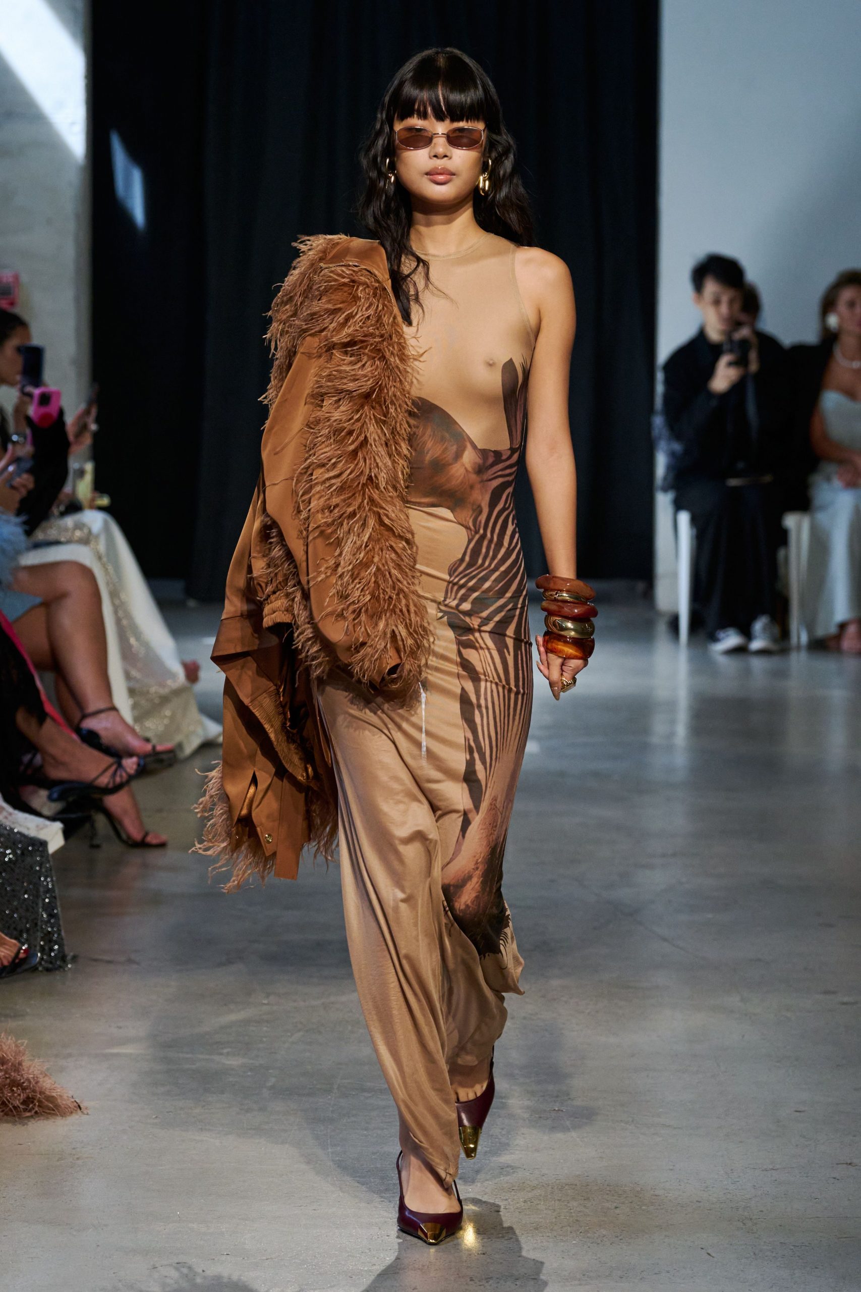 brown silk sleeveless v-neck fitted flared fringed dress