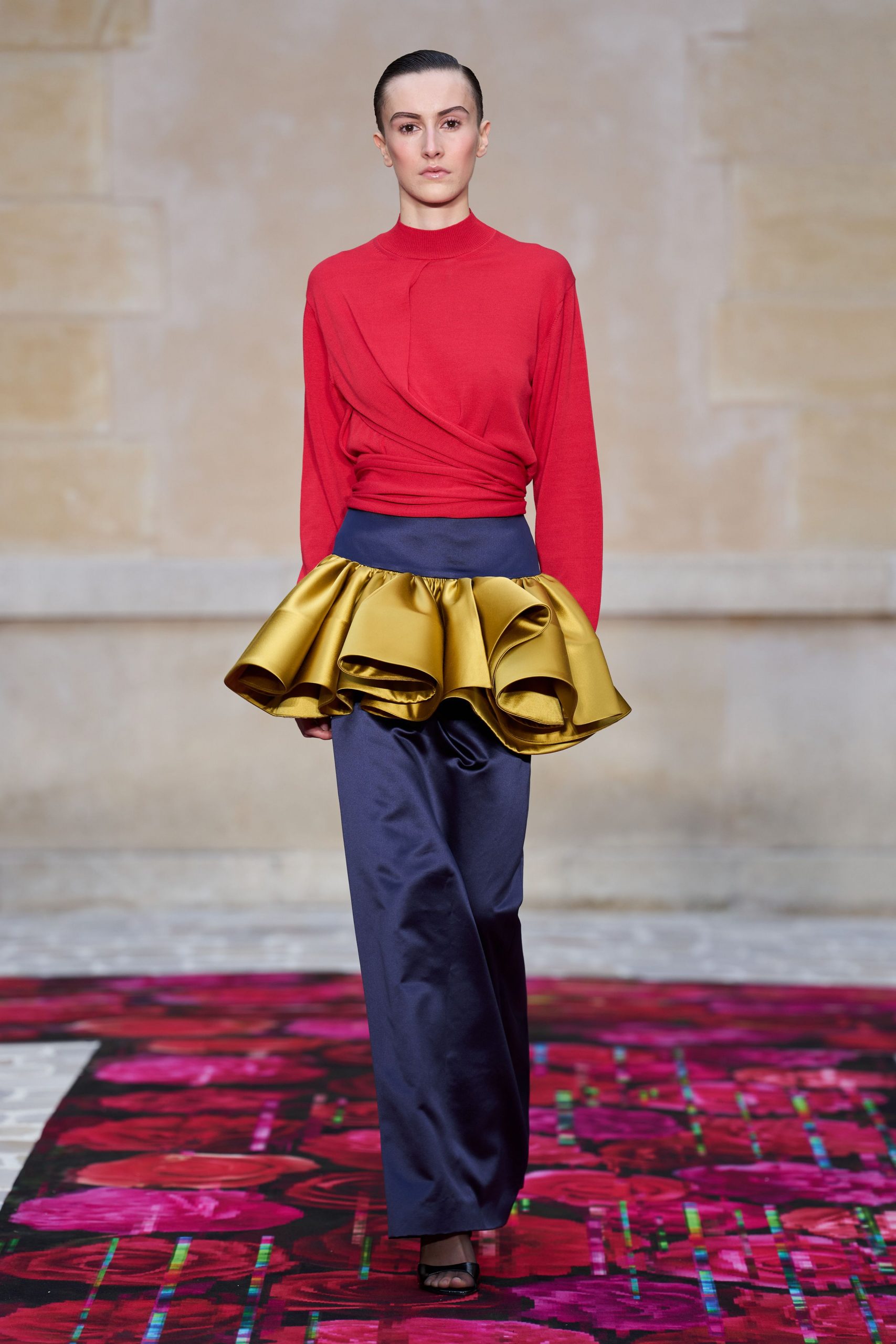 blue satin fitted flared skirt
