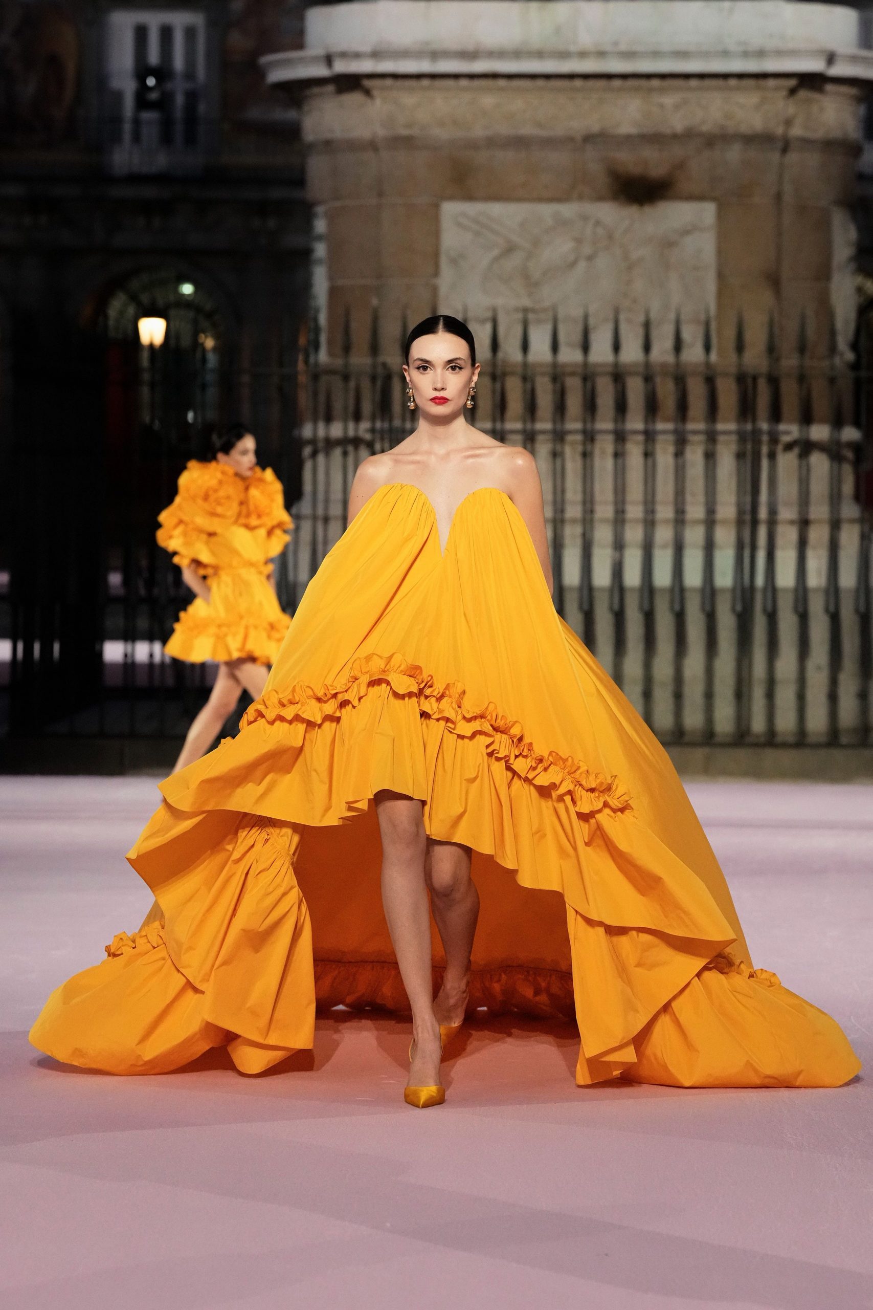 yellow cotton strapless fitted ruffled tiered midi gown
