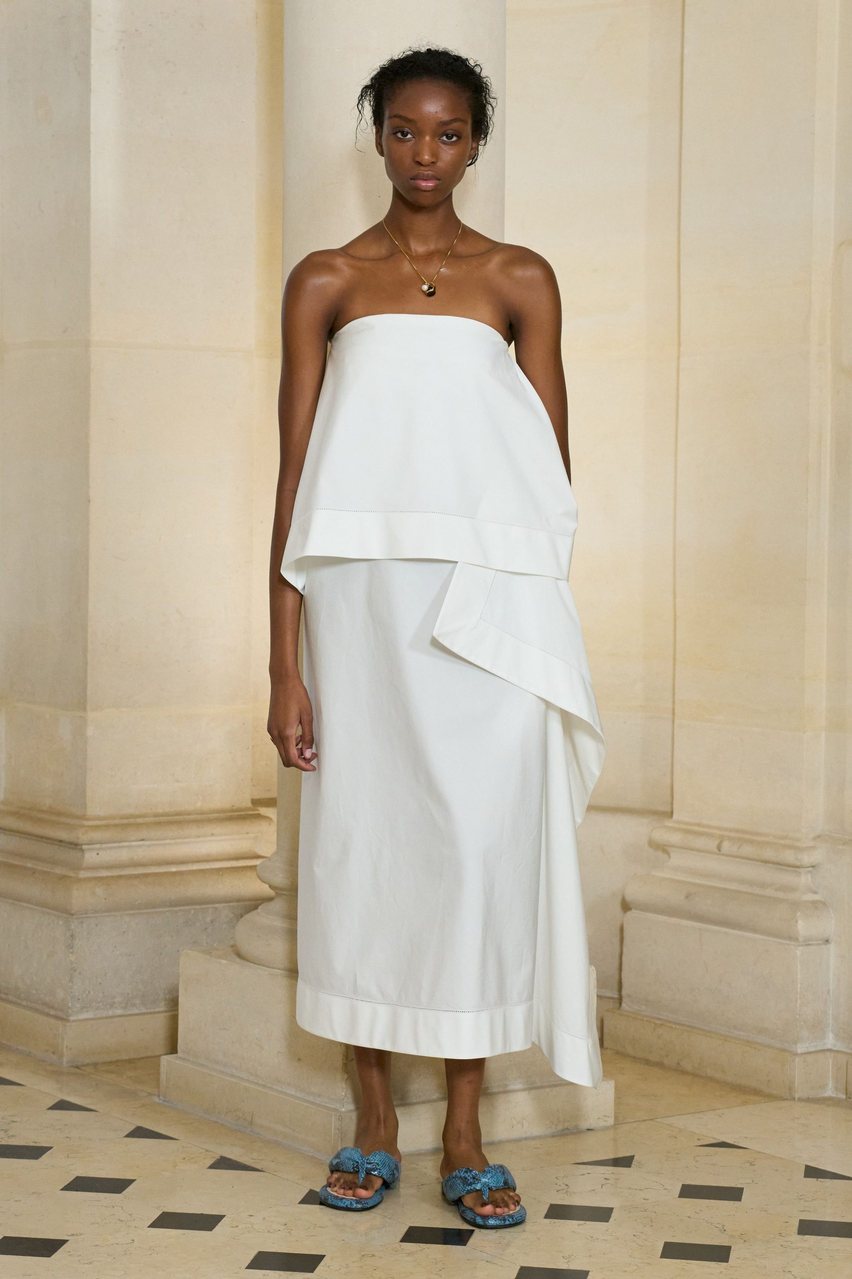 white cotton strapless fitted draped midi dress