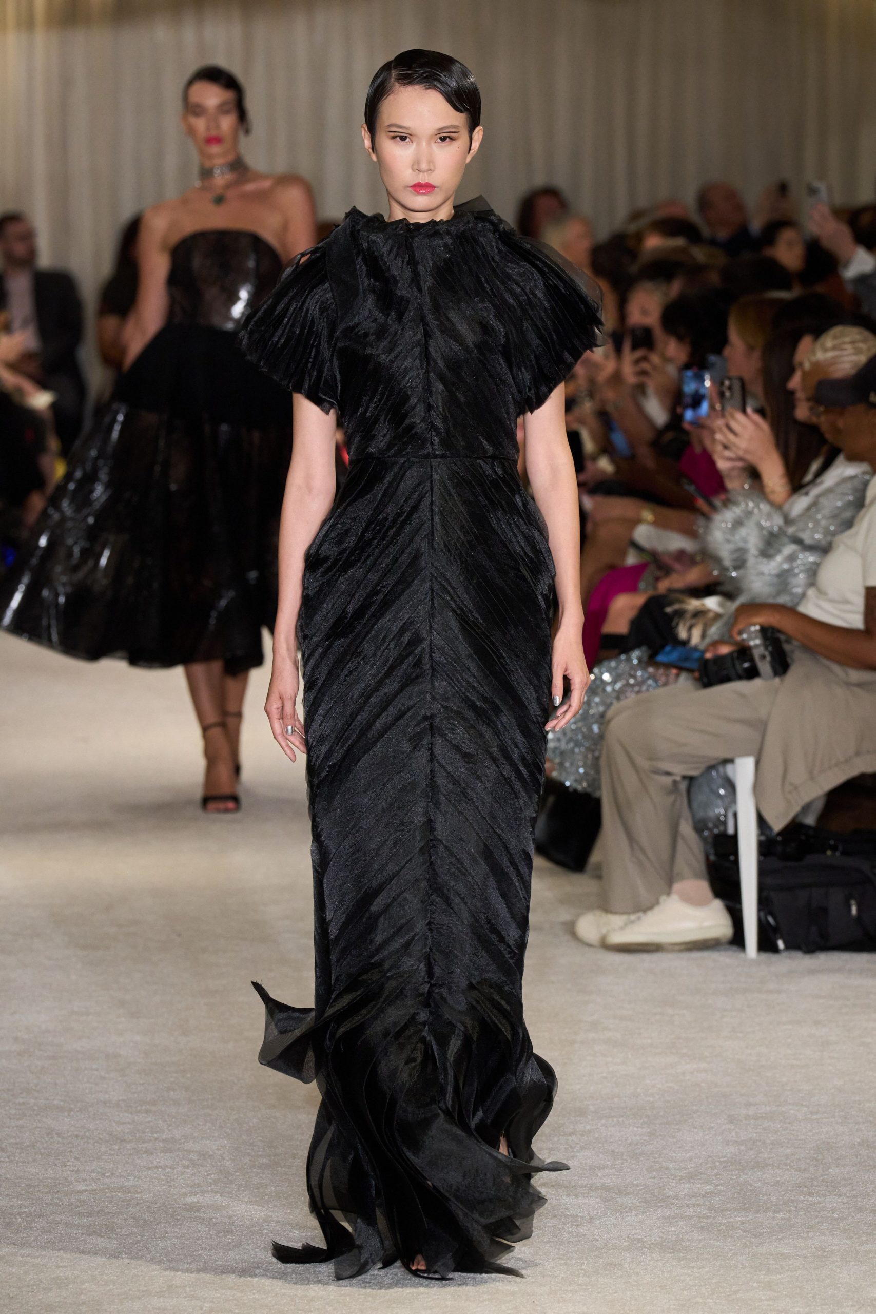 black silk ruffled gown