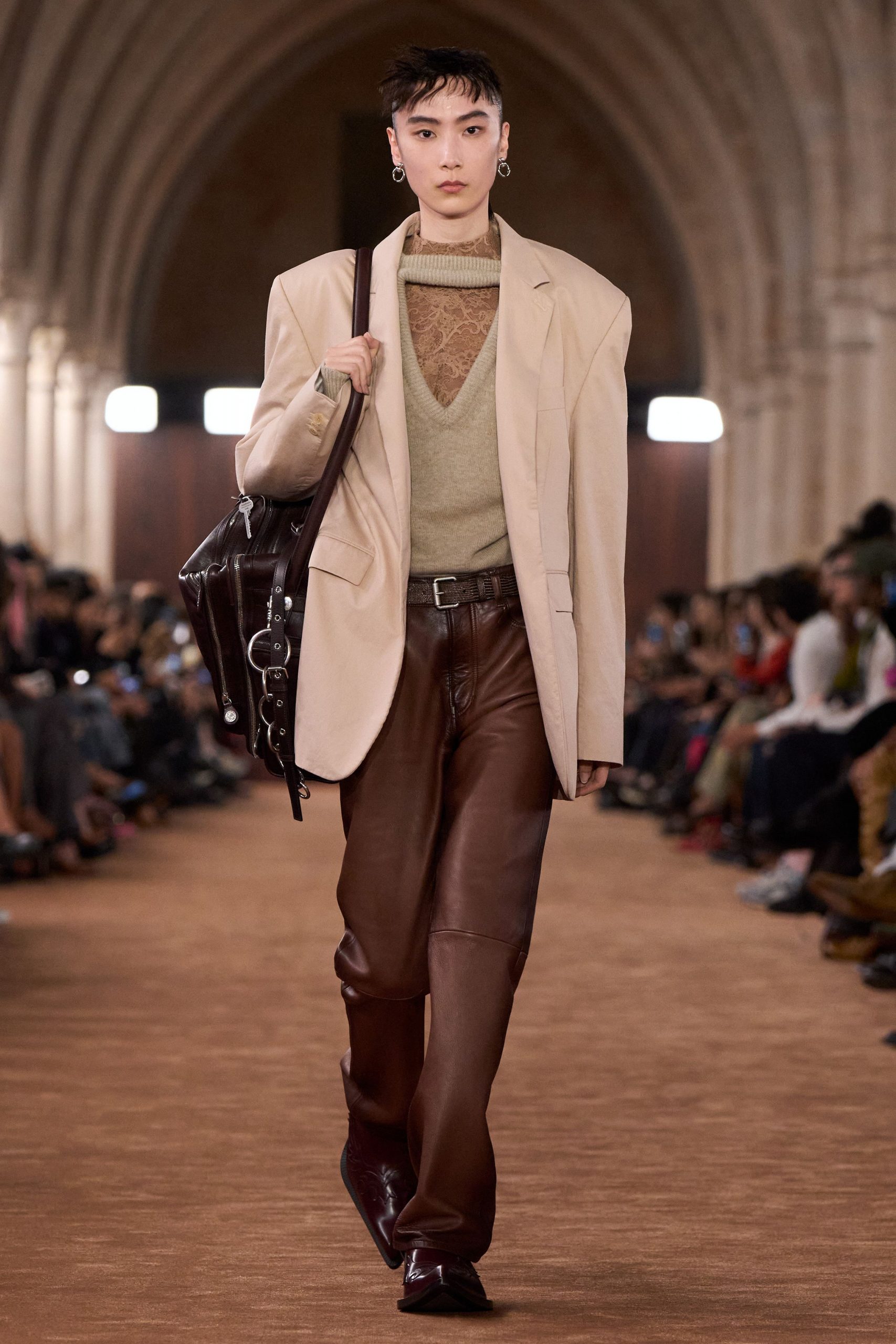 beige blazer green sweater brown pants
