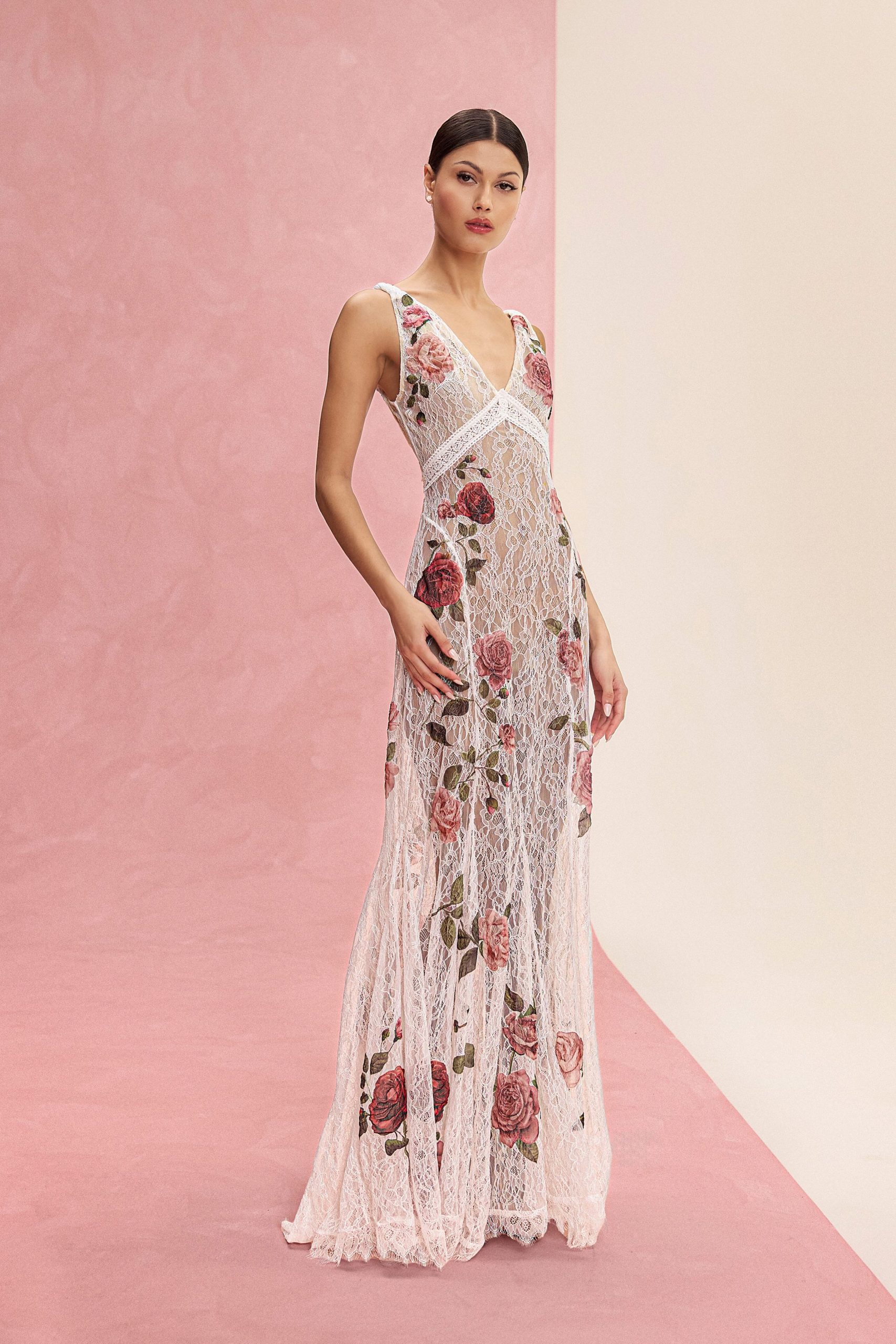 pink lace embroidered gown