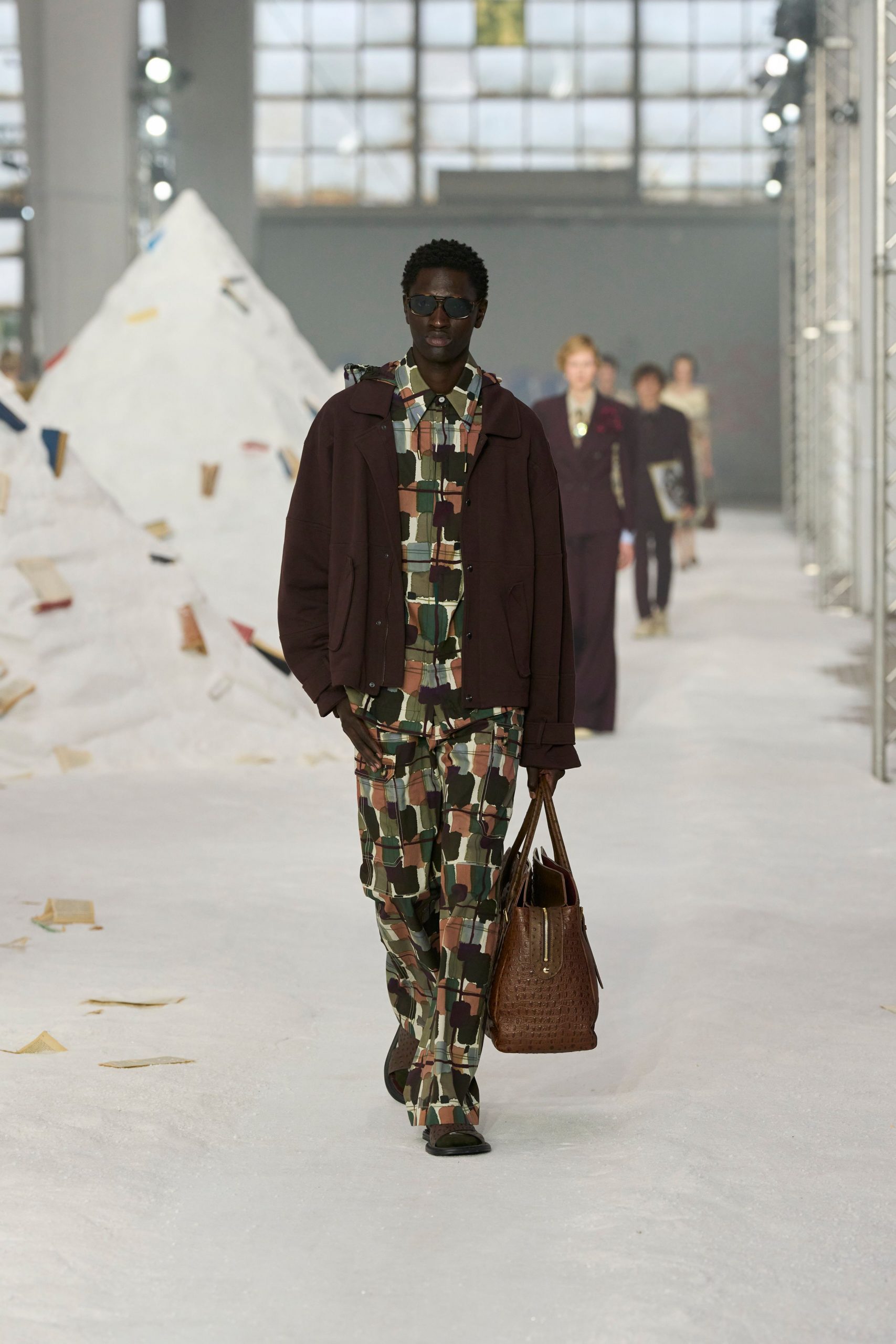 brown relaxed jacket with multi printed outfit