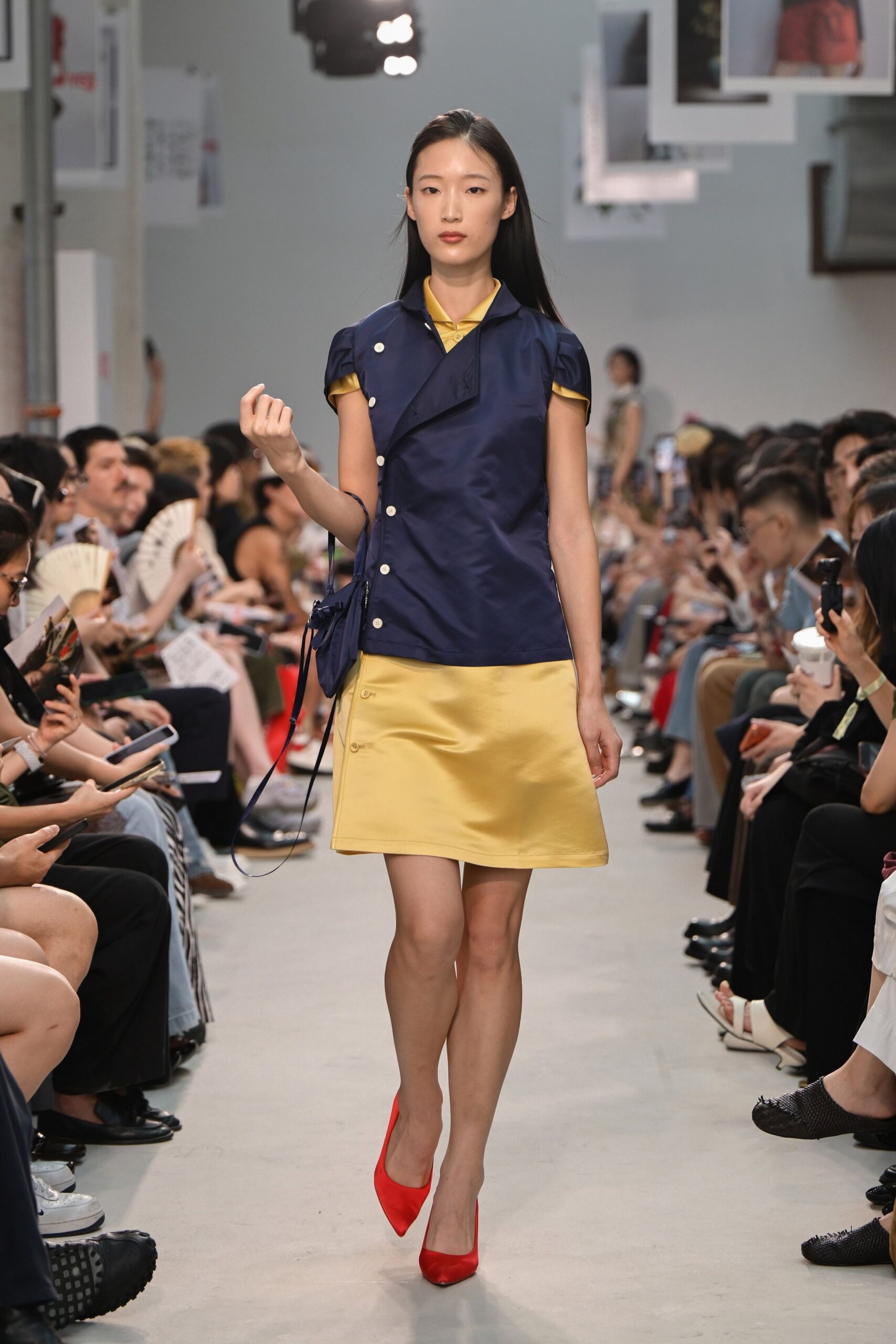 navy and yellow fitted dress