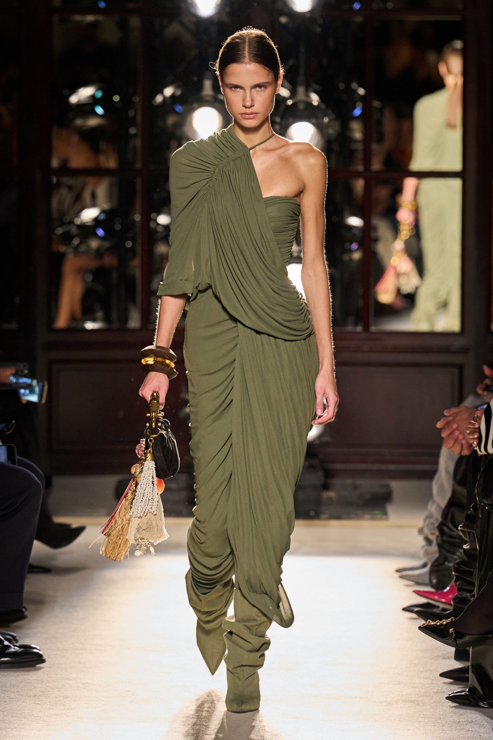 green silk sleeveless asymmetric fitted draped flowing gown