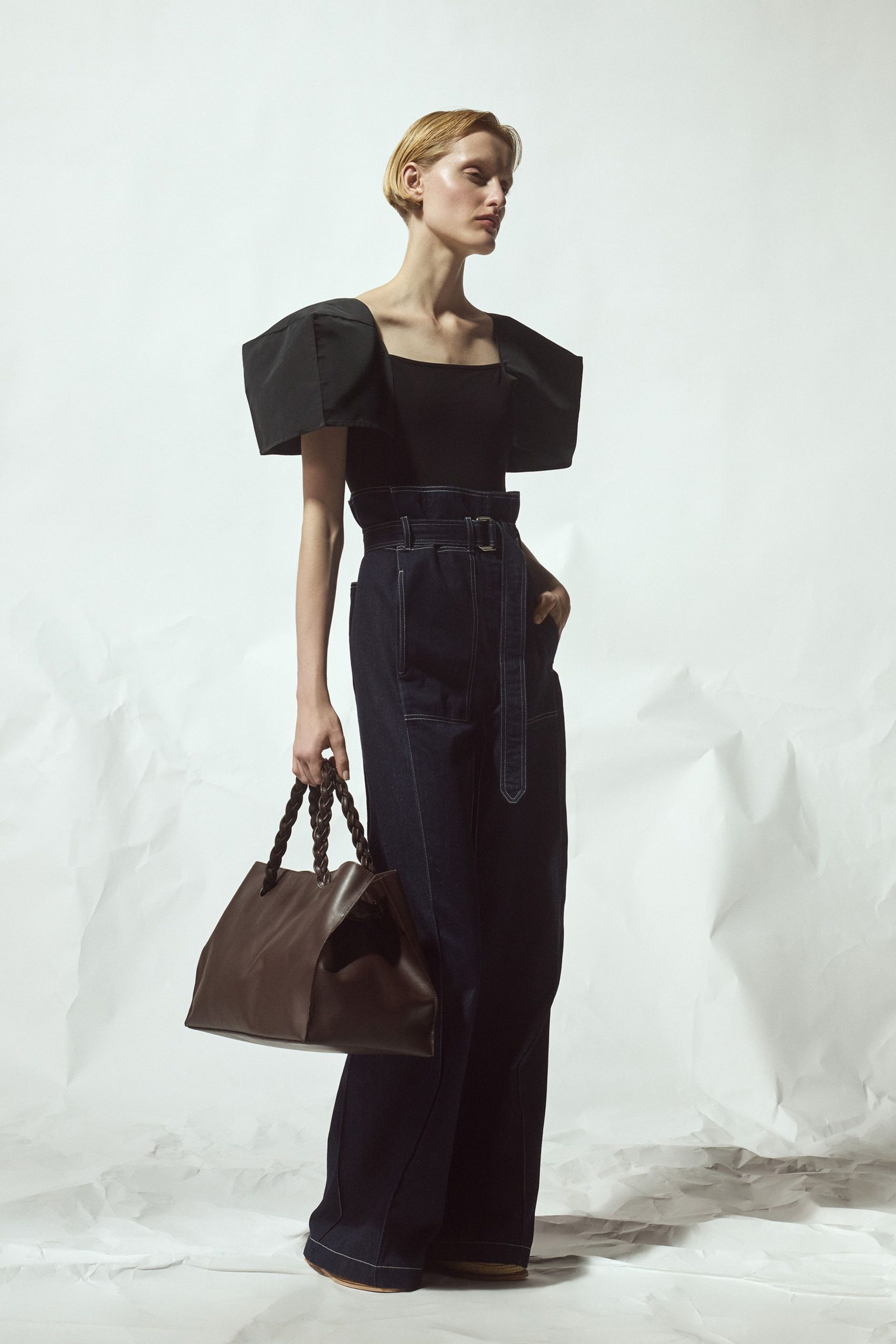 black cotton sleeveless square-neck fitted structured top