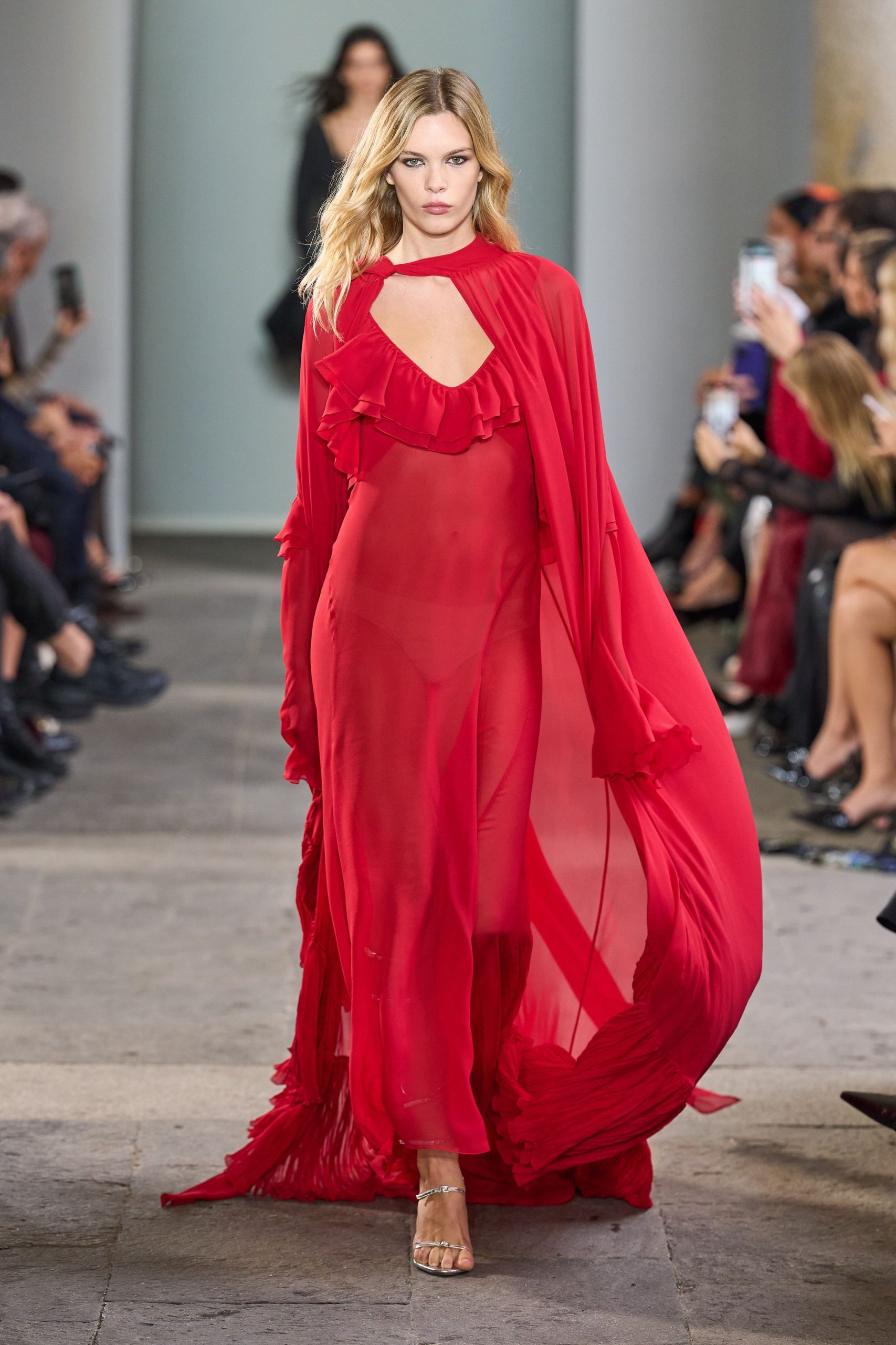 red silk sleeveless v-neck fitted ruffled gown