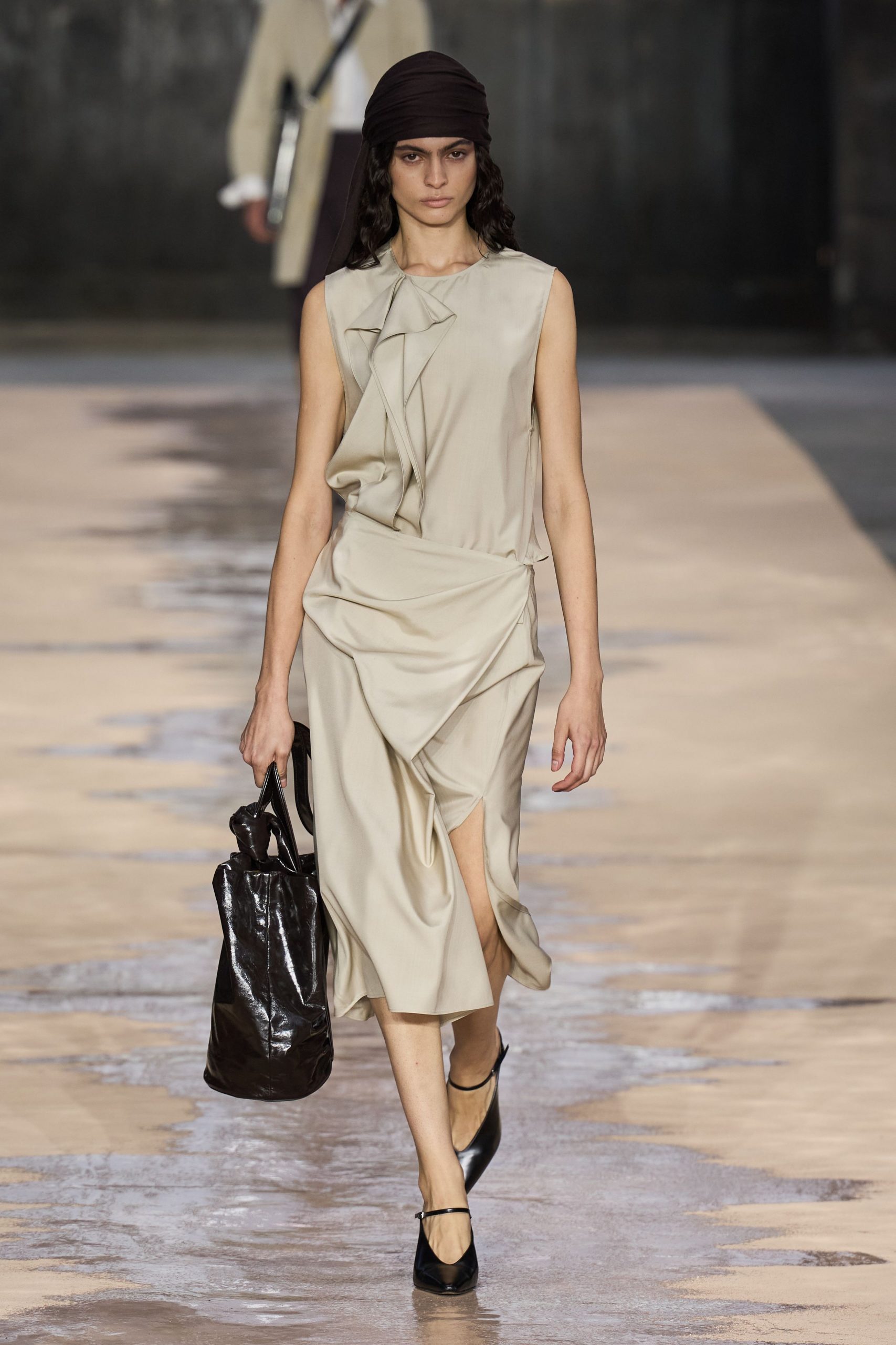 beige silk sleeveless v-neck fitted draped midi dress
