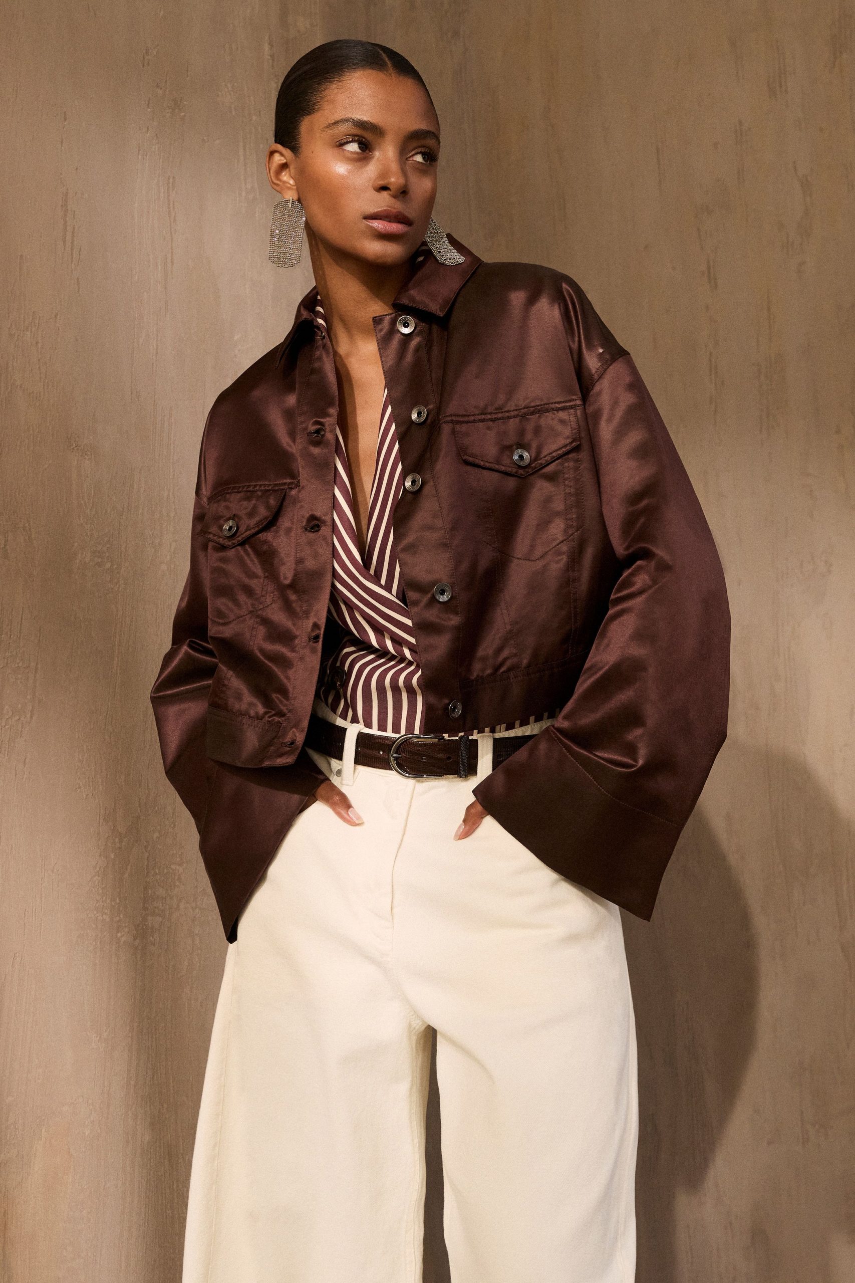 brown silk long-sleeve collared relaxed buttoned jacket