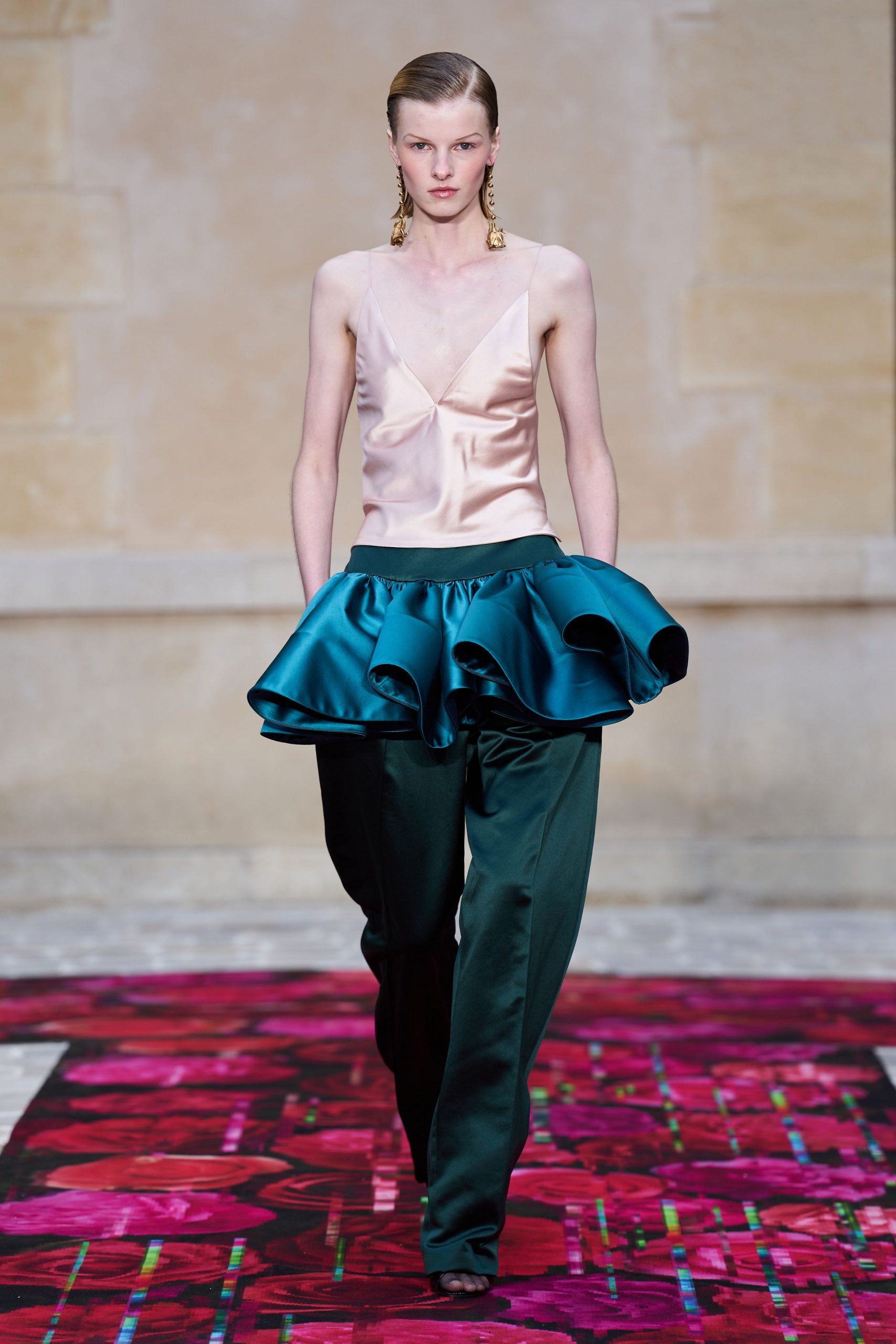 green satin relaxed flared pants
