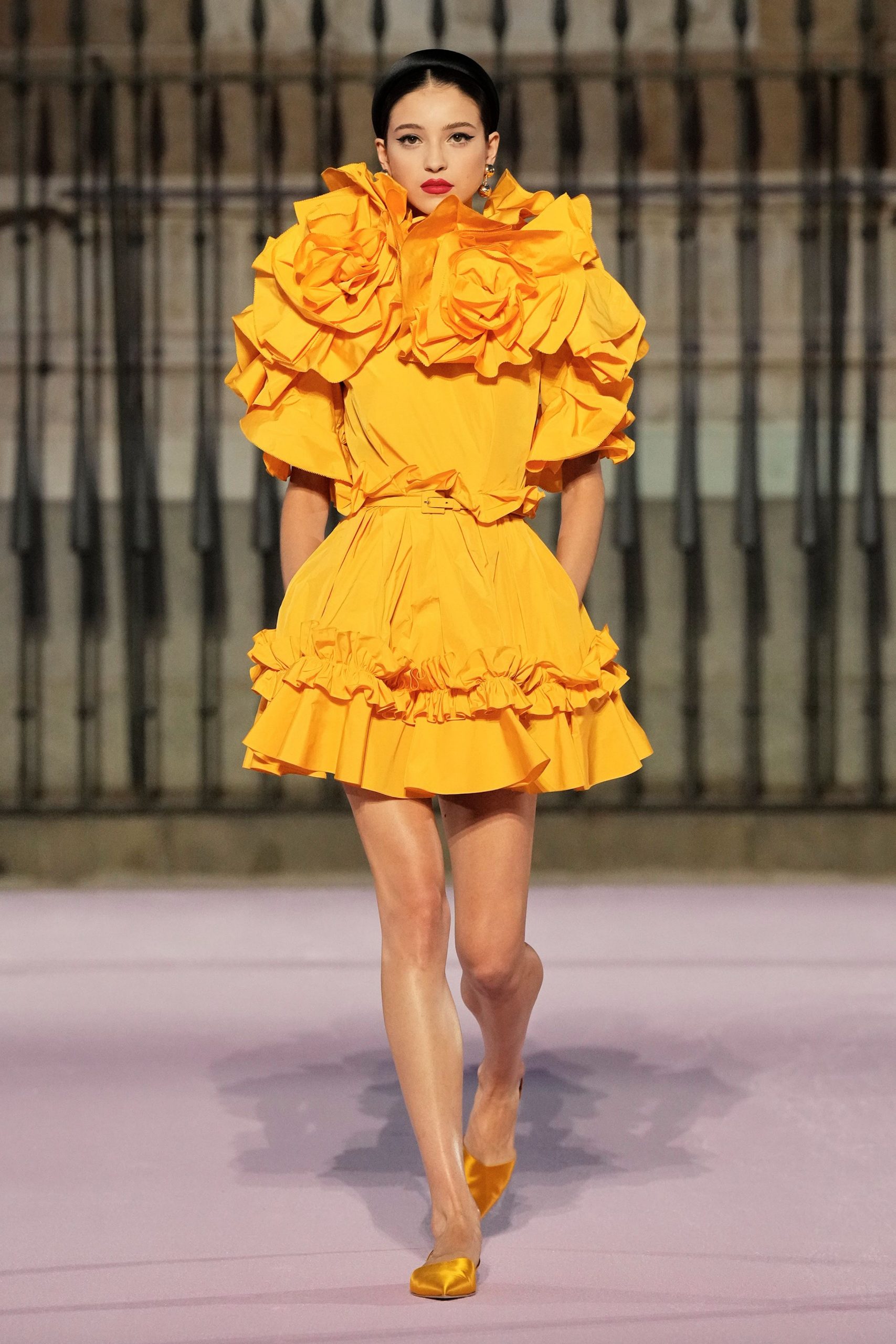 yellow ruffled mini dress with shoes