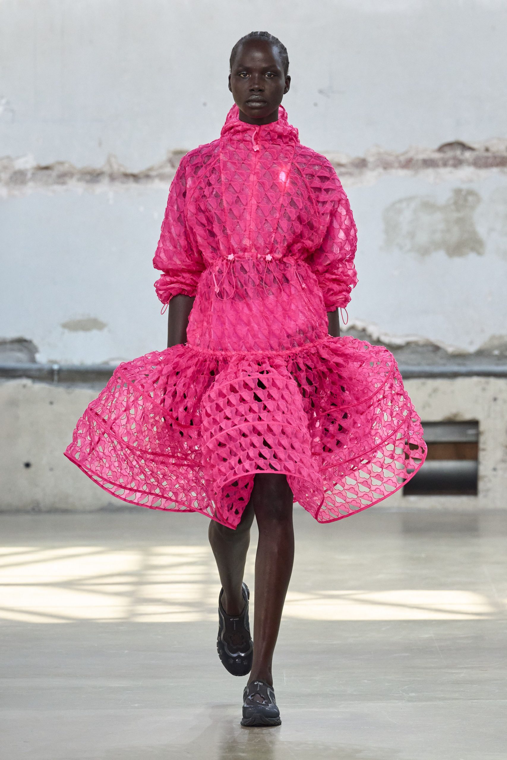 pink mesh long-sleeve high-neck relaxed pleated layered dress