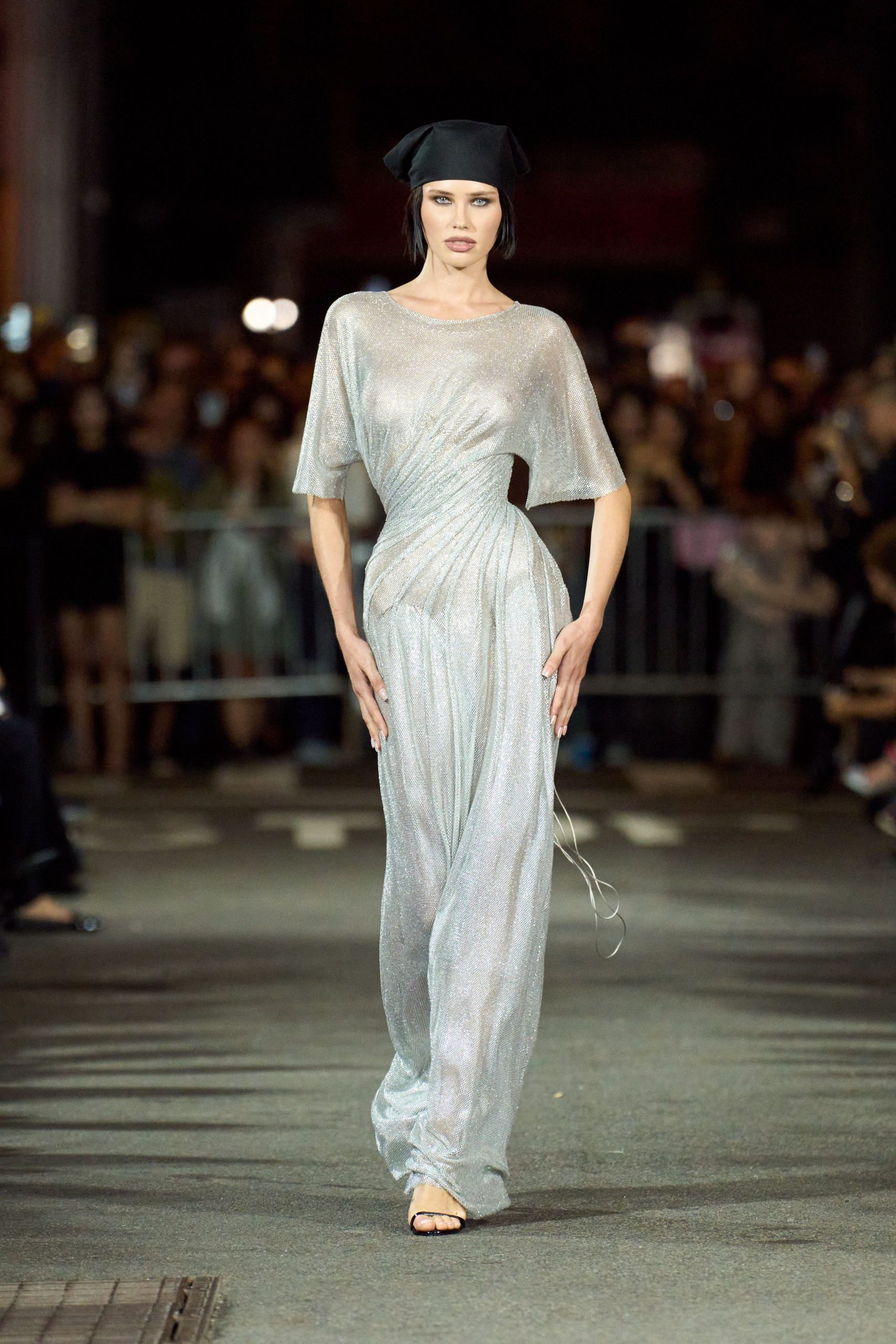 gray silk short-sleeve v-neck fitted draped shiny gown