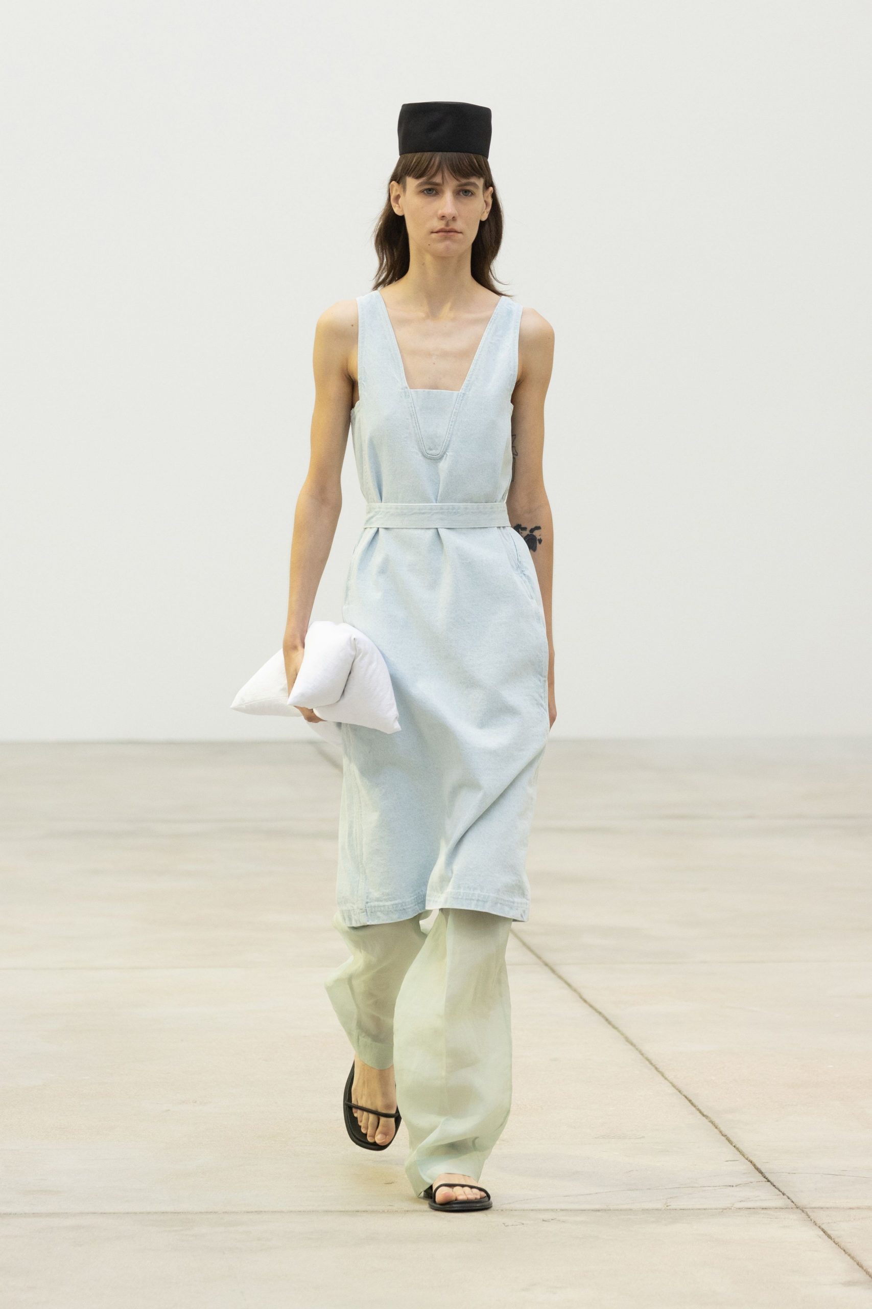 blue denim sleeveless v-neck fitted midi dress