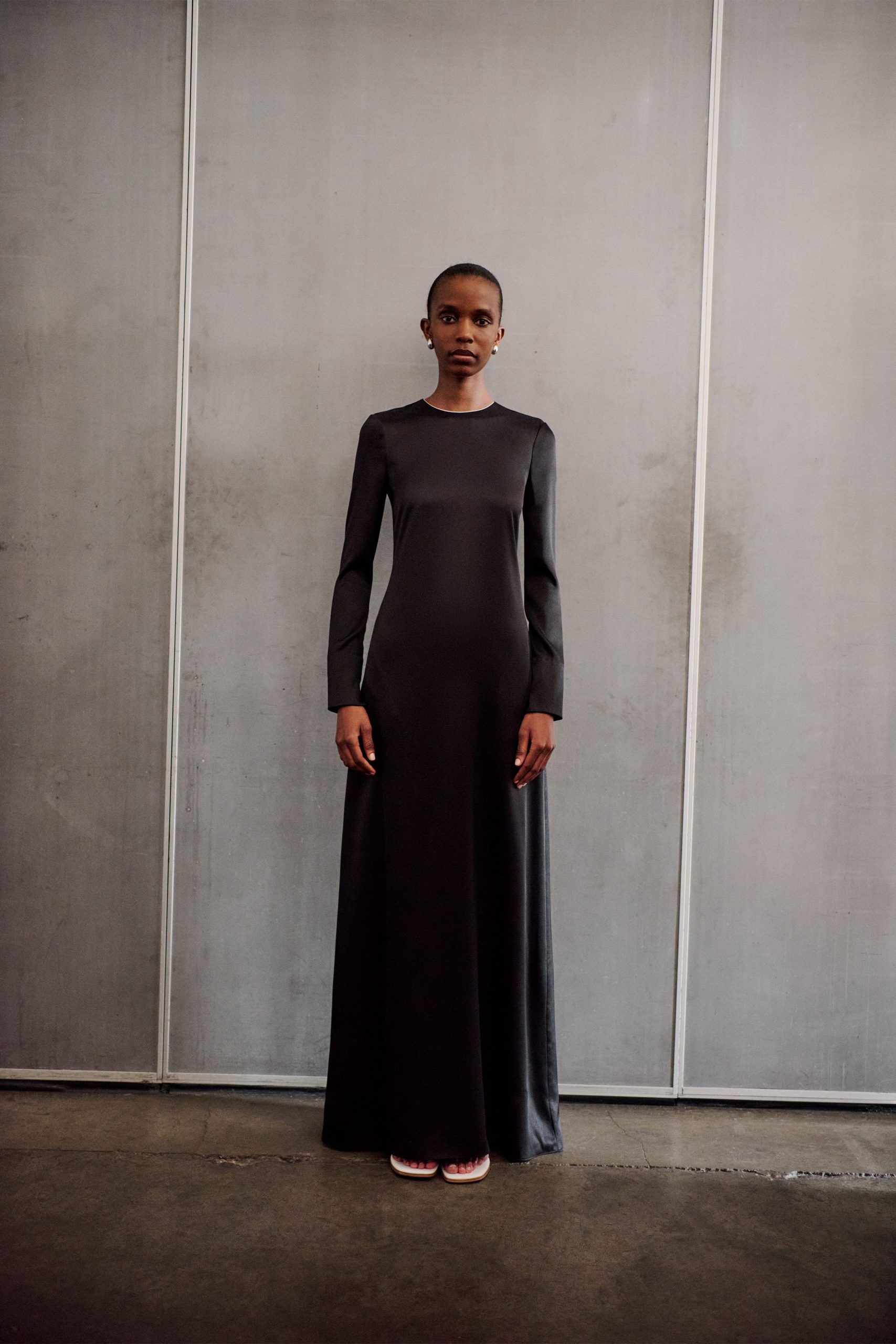 black silk long-sleeve high-neck fitted straight-leg maxi gown