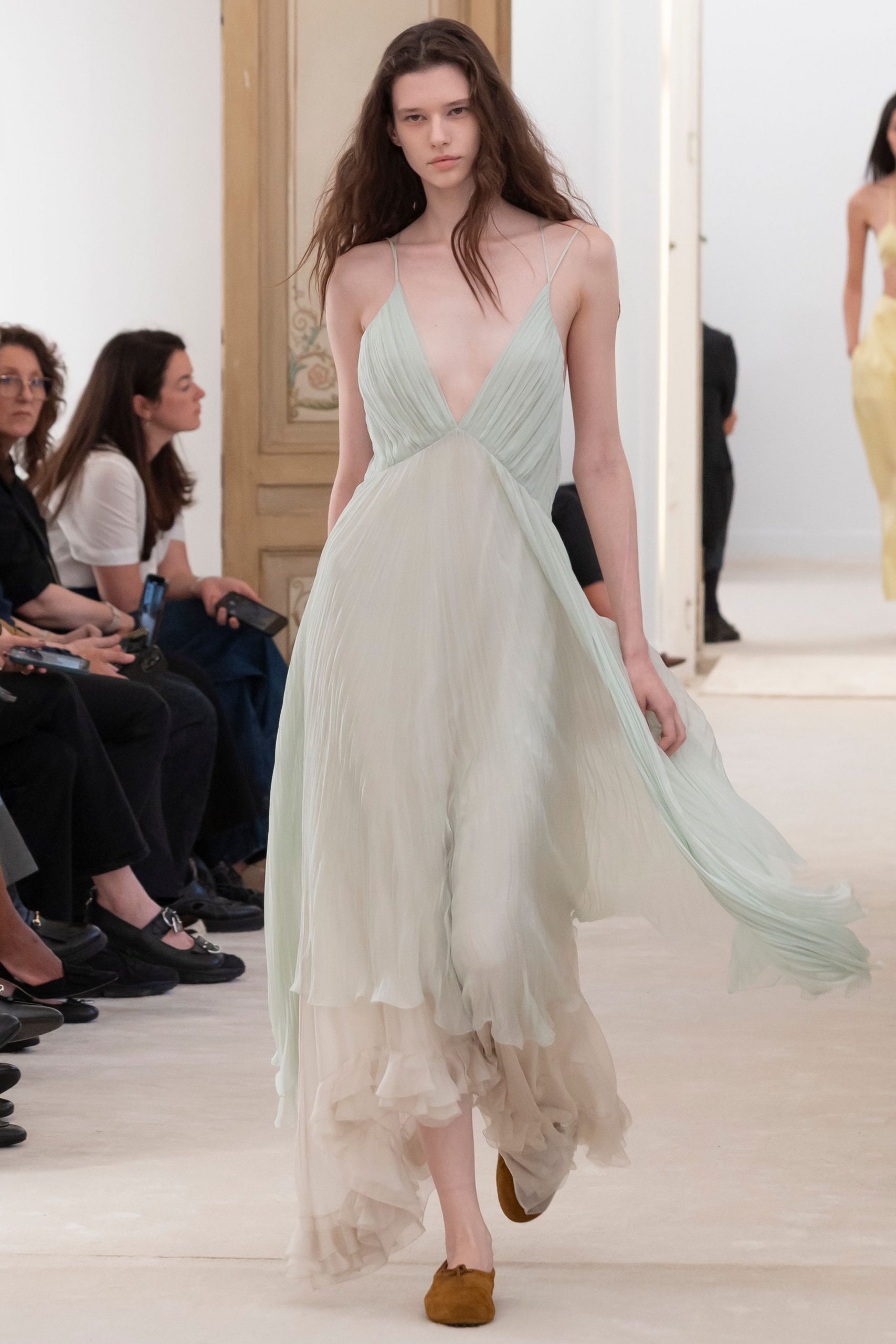 green silk sleeveless v-neck relaxed layered dress