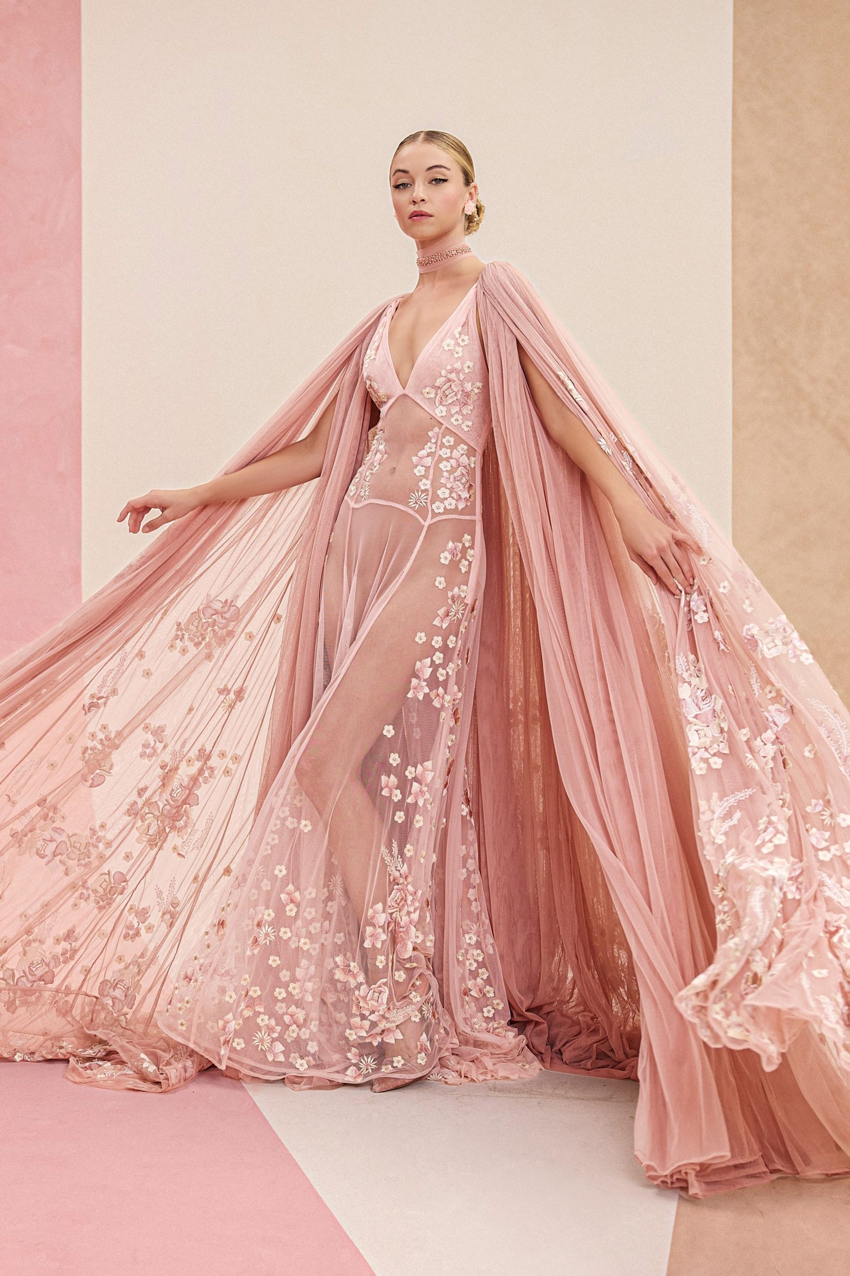 pink chiffon gown with cape
