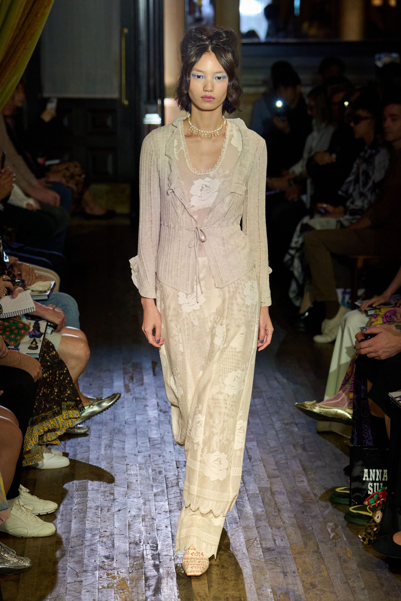 beige silk long-sleeve v-neck fitted embroidered layered dress