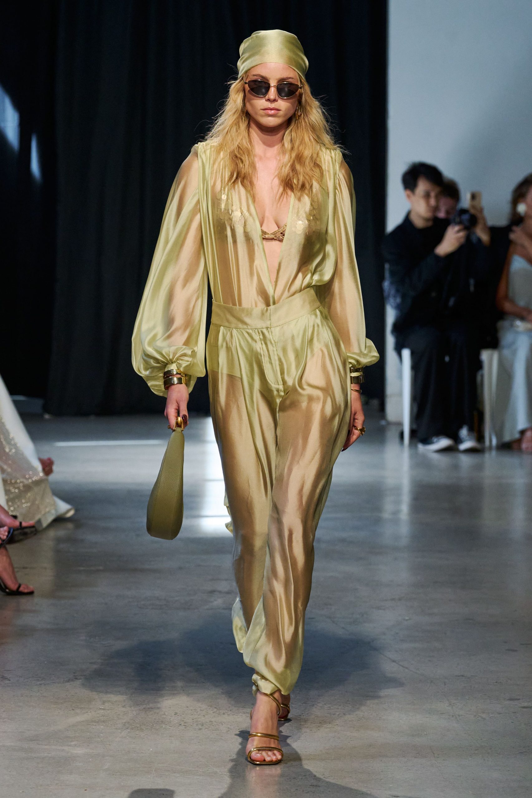 yellow silk long-sleeve v-neck relaxed pleated jumpsuit