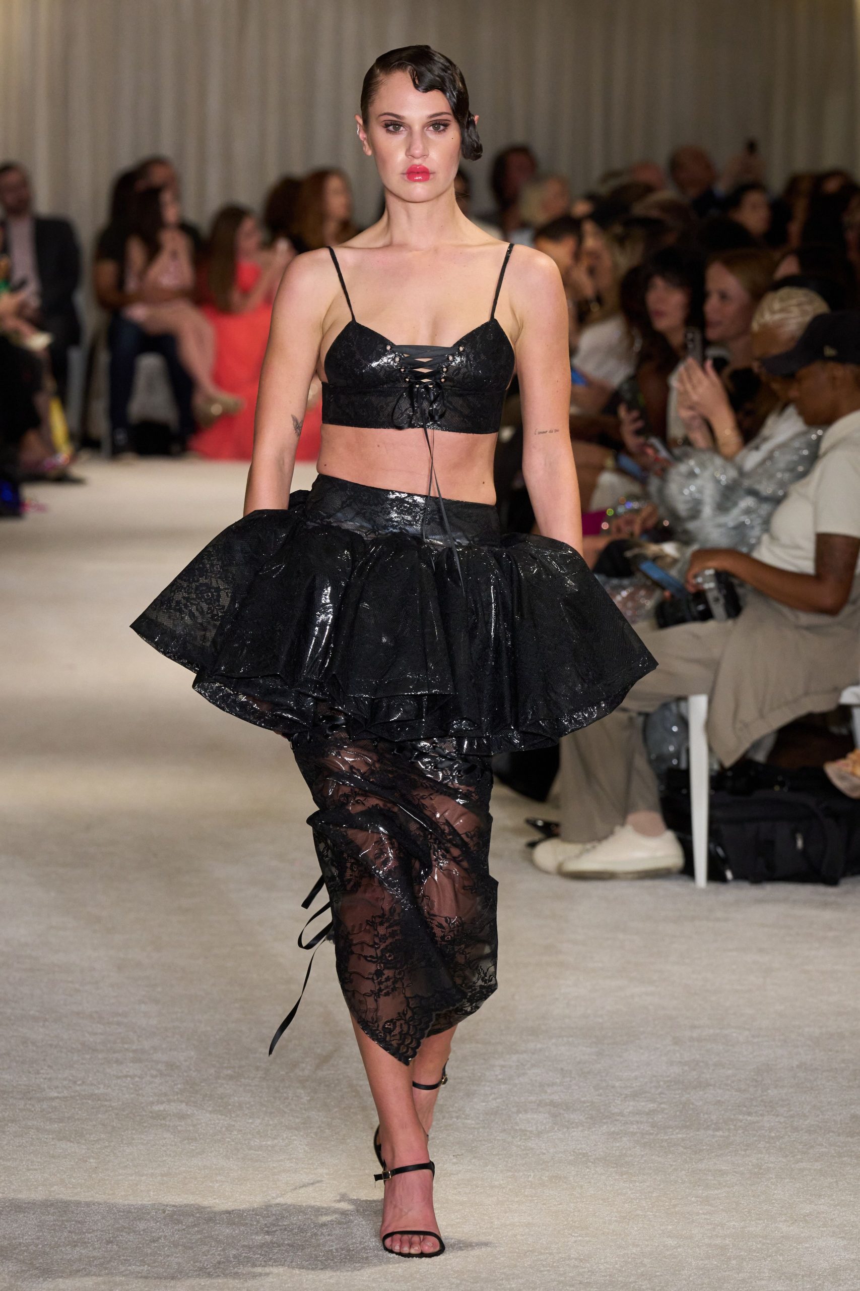 black lace sleeveless v-neck fitted ruffled sheer crop-top