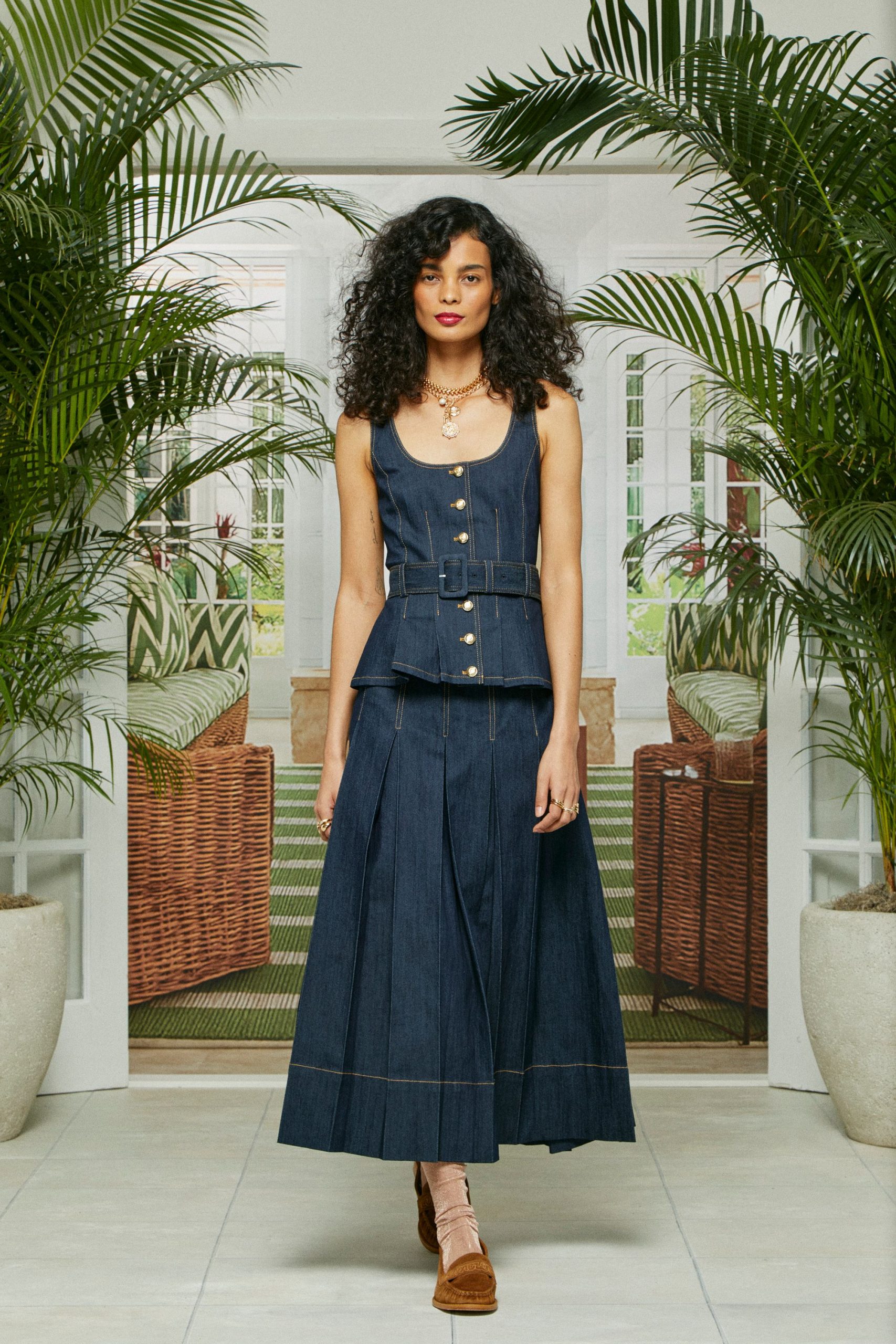 blue denim relaxed pleated midi skirt