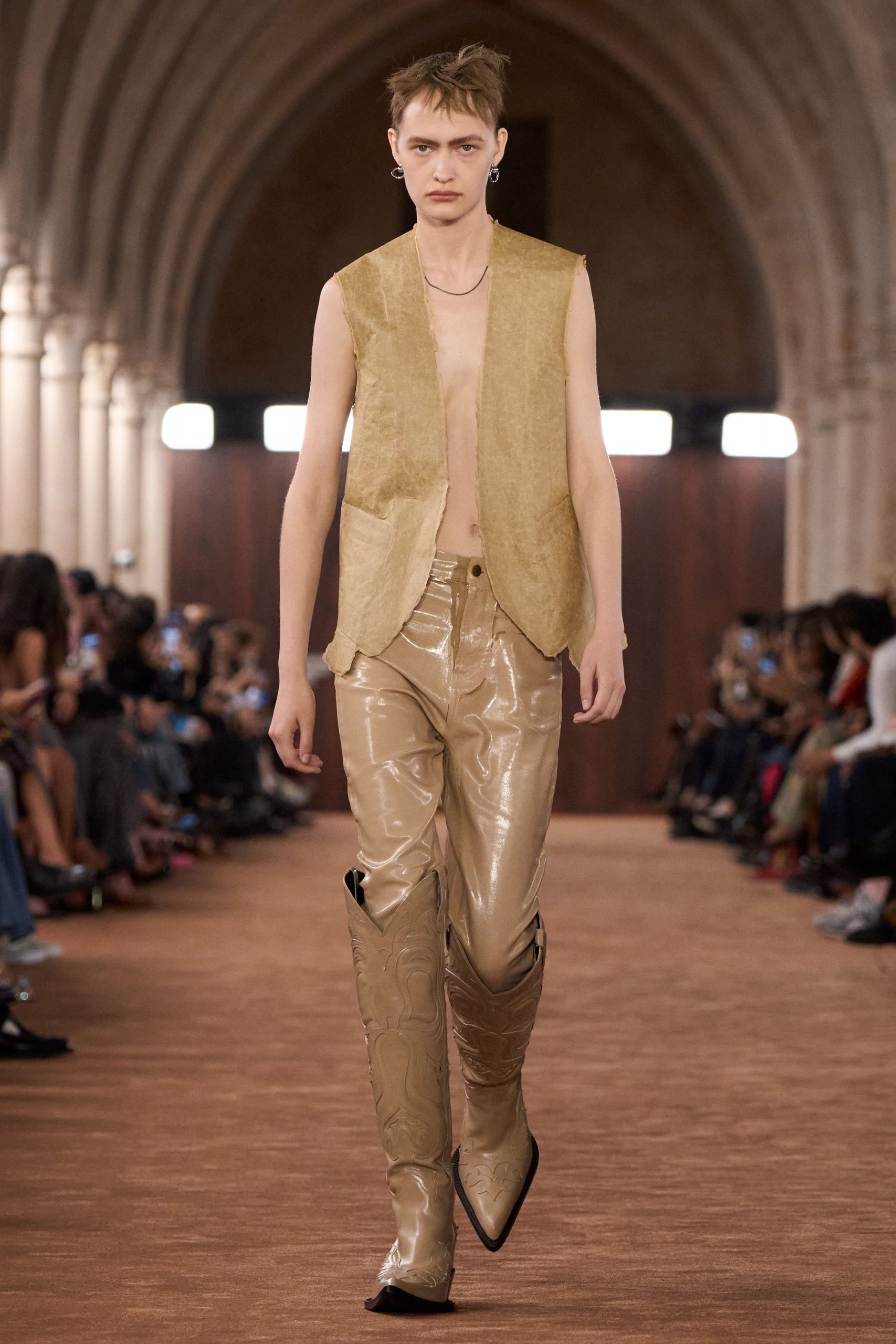 gold vinyl fitted flared shiny pants