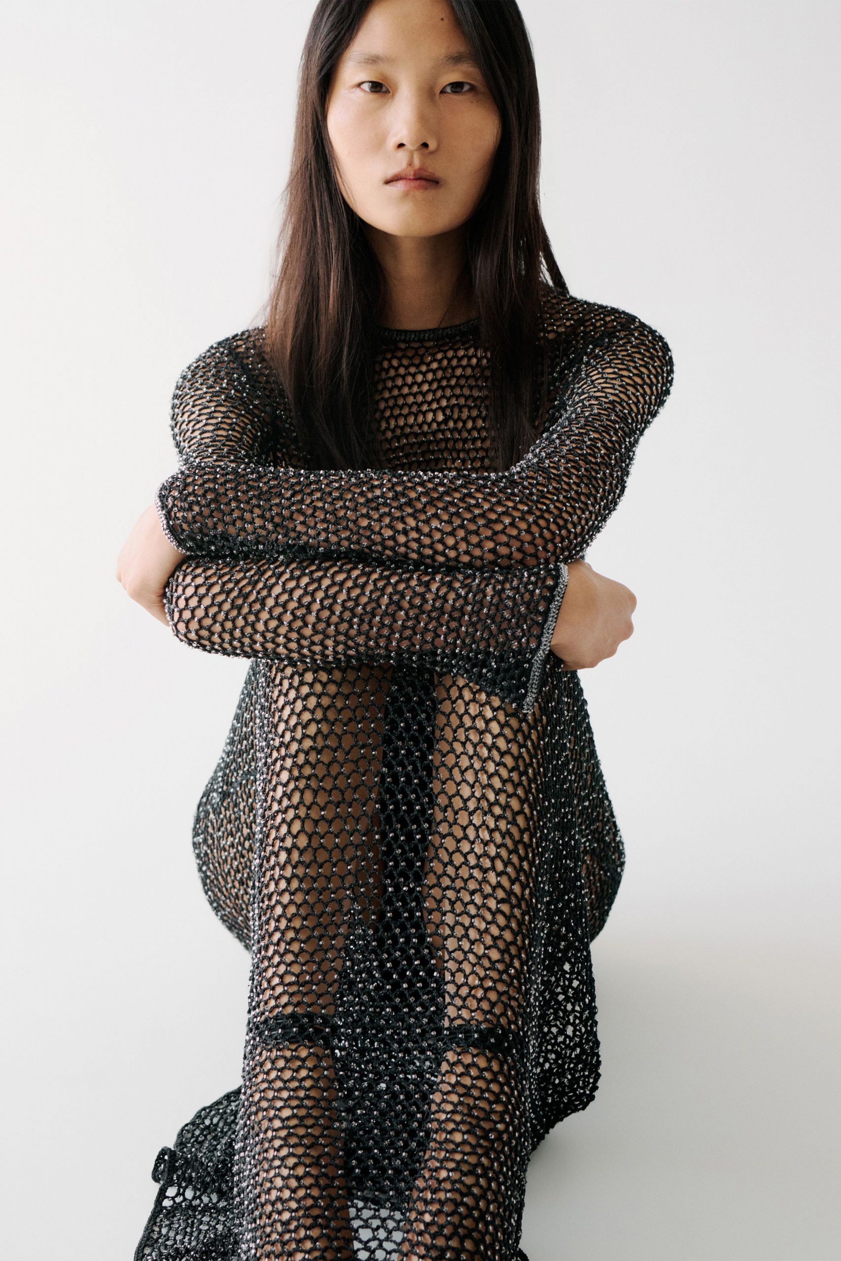 black mesh long-sleeve dress