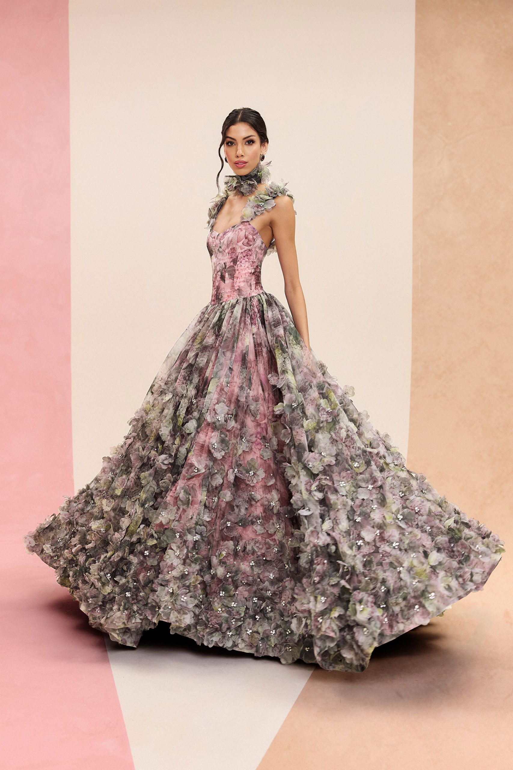 pink floral tulle gown