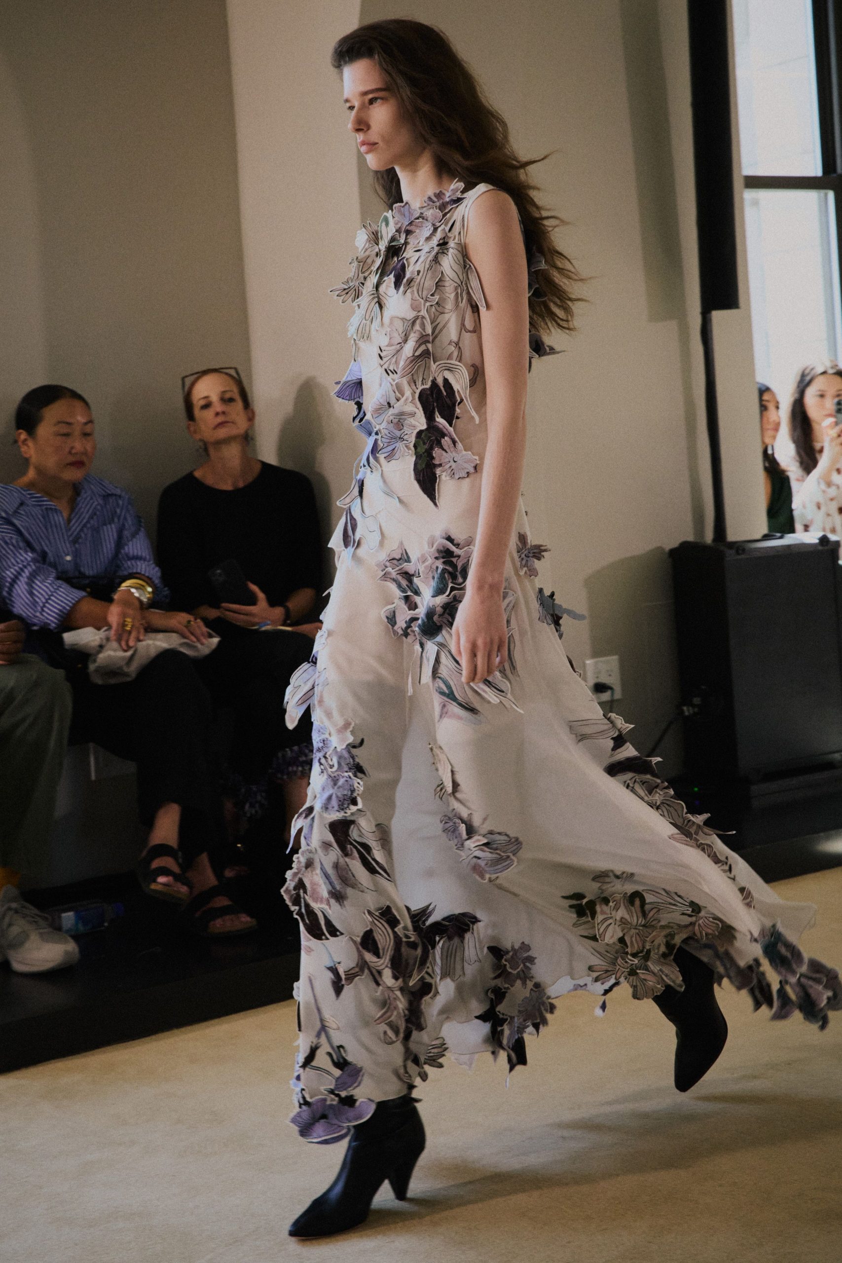 white floral maxi gown with black boots