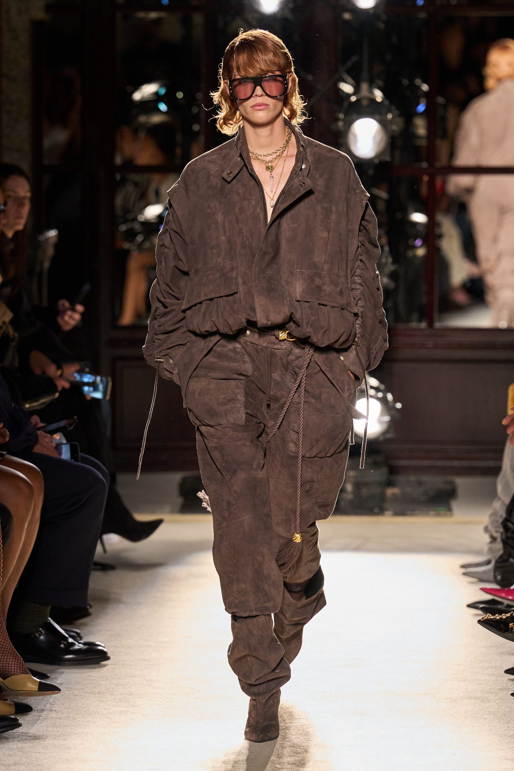 brown suede relaxed zippered pants
