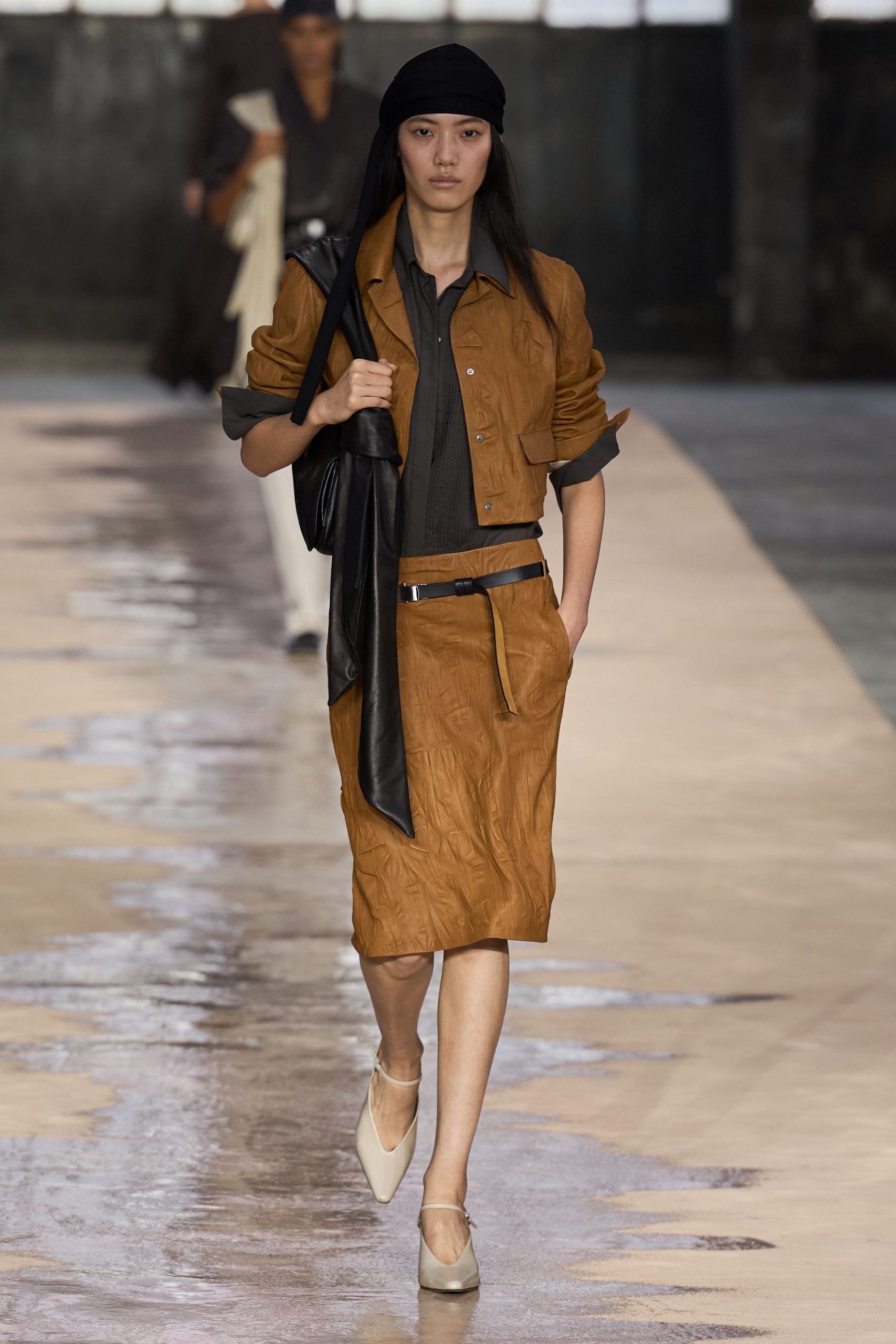 brown leather jacket and skirt