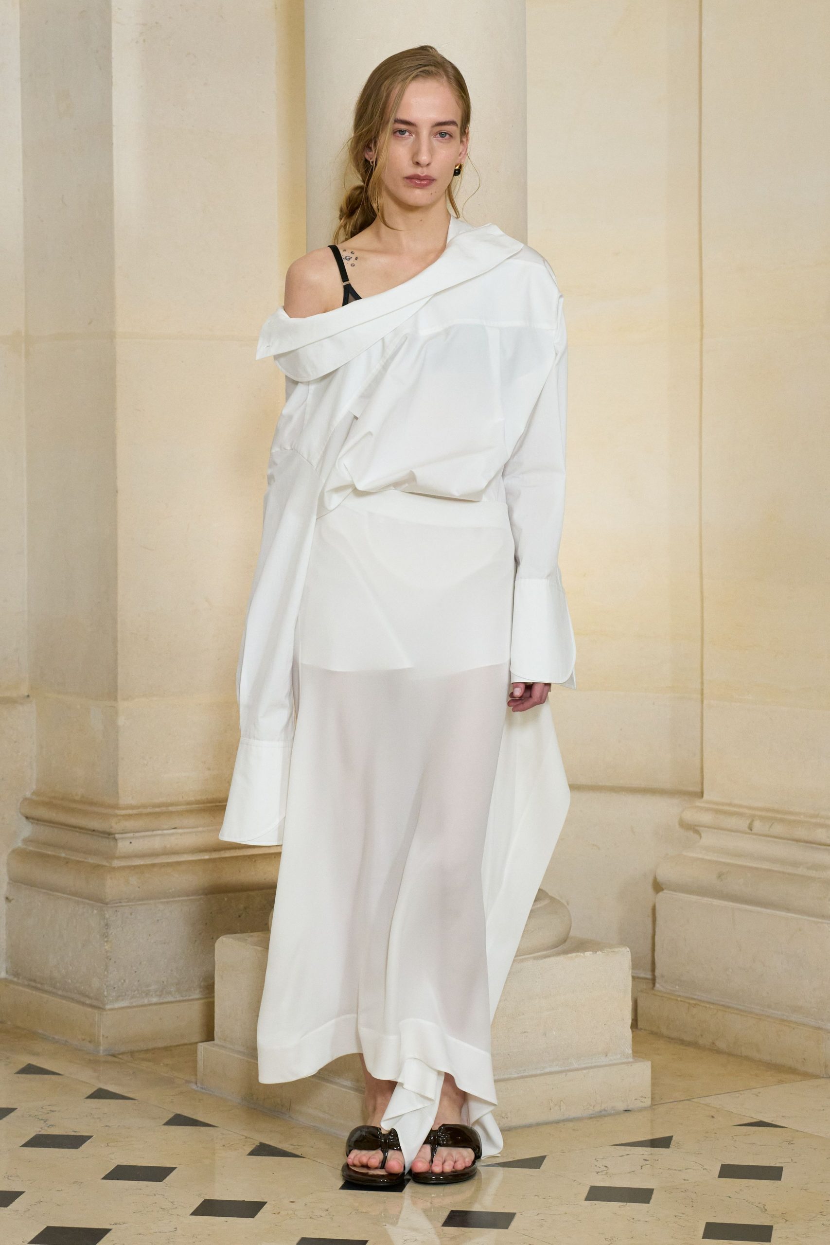 white cotton long-sleeve off-shoulder relaxed layered sheer dress