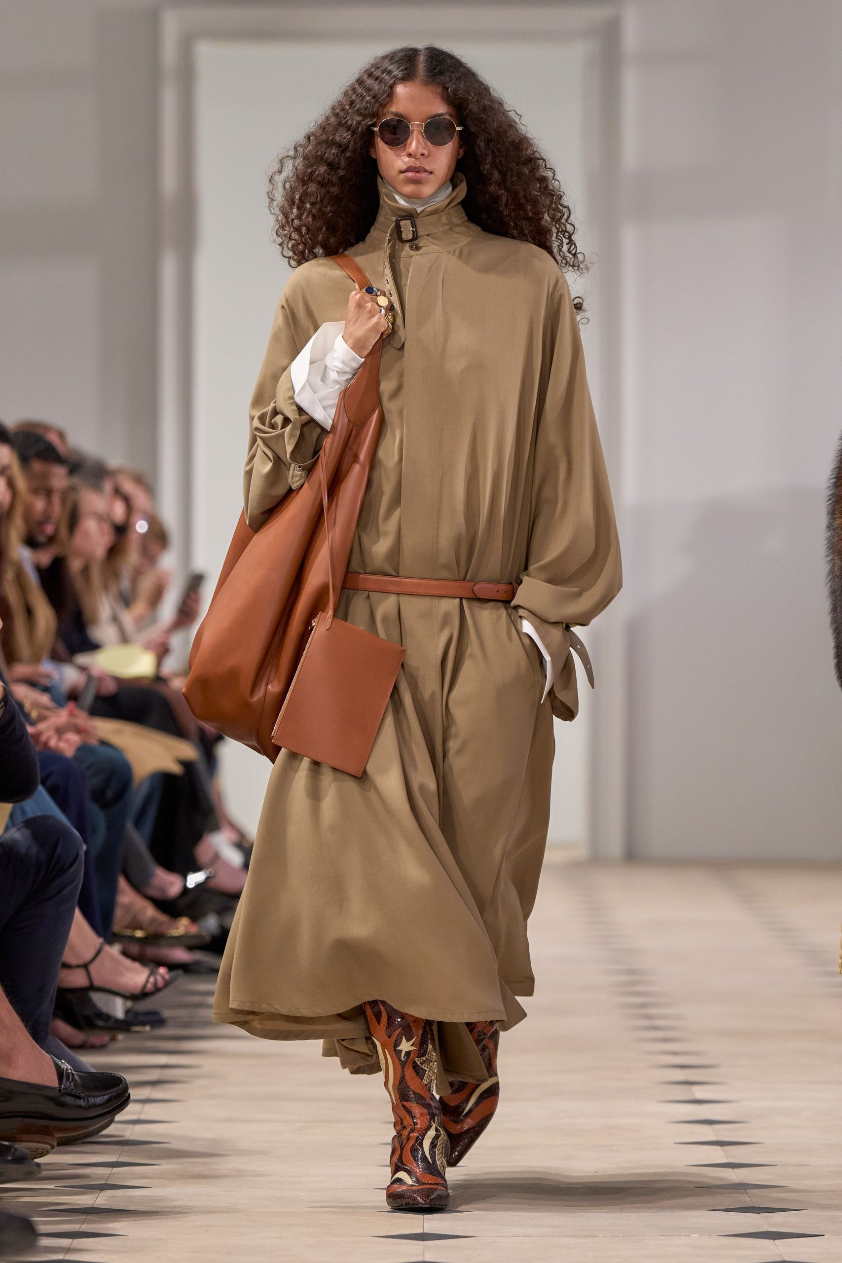 beige relaxed midi dress with animal-print boots