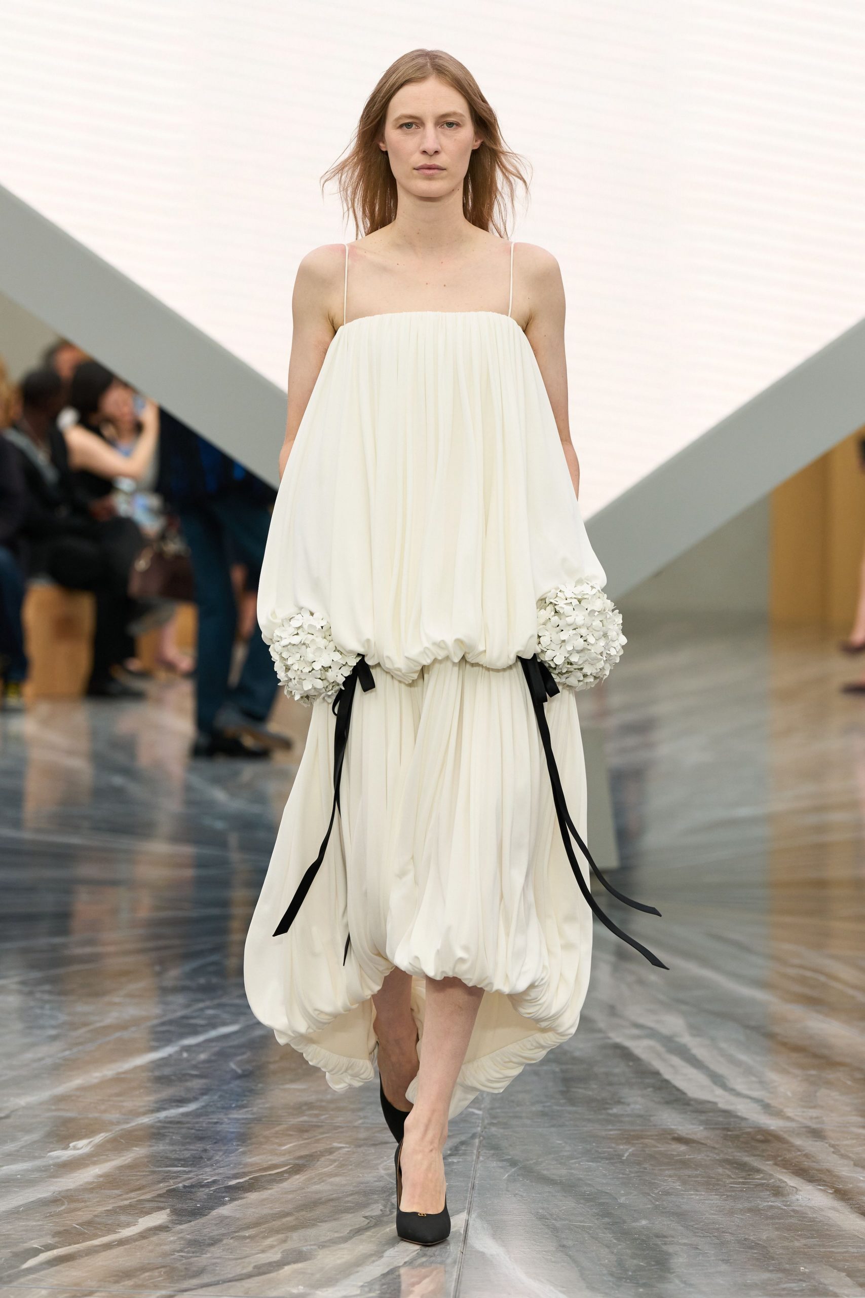 white silk sleeveless high-neck relaxed pleated draped dress
