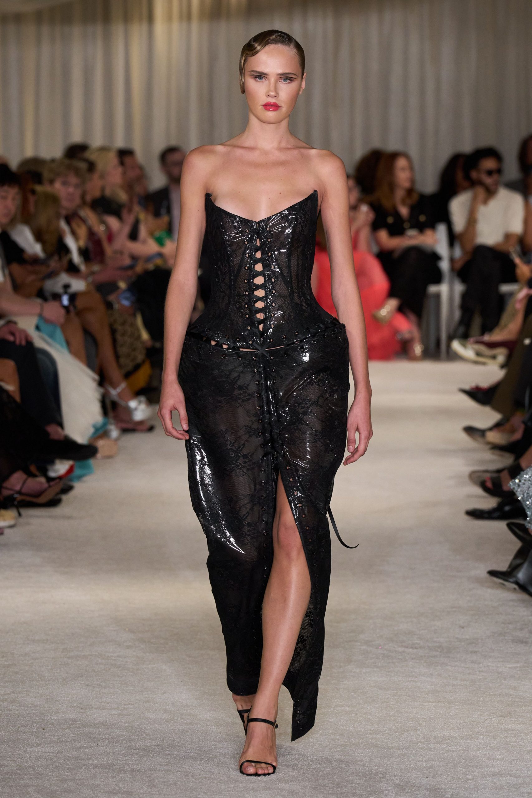 black lace sleeveless v-neck fitted ruched embellished gown